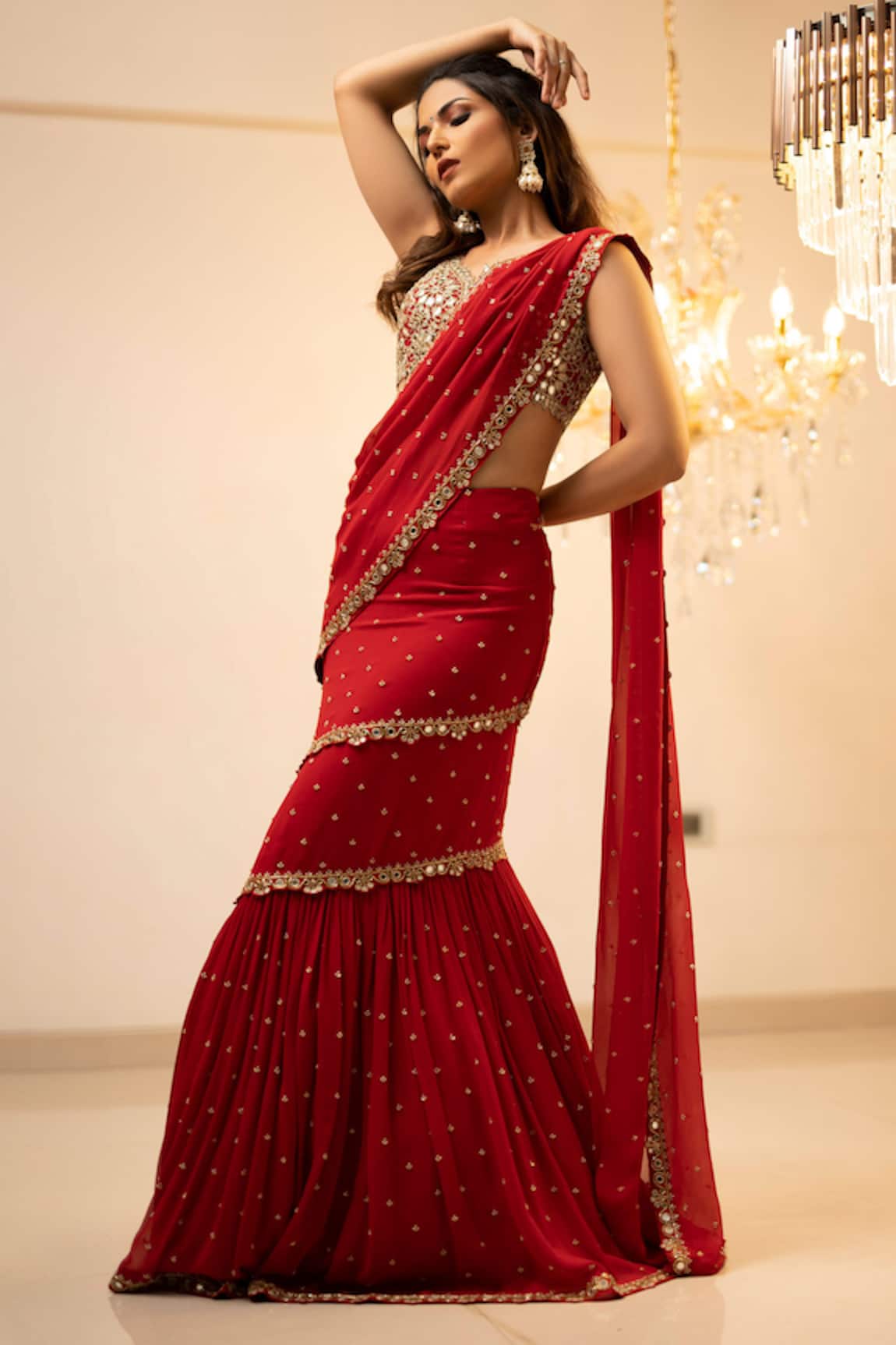 Foram Patel Red Mumtaz Draped Saree With Blouse 