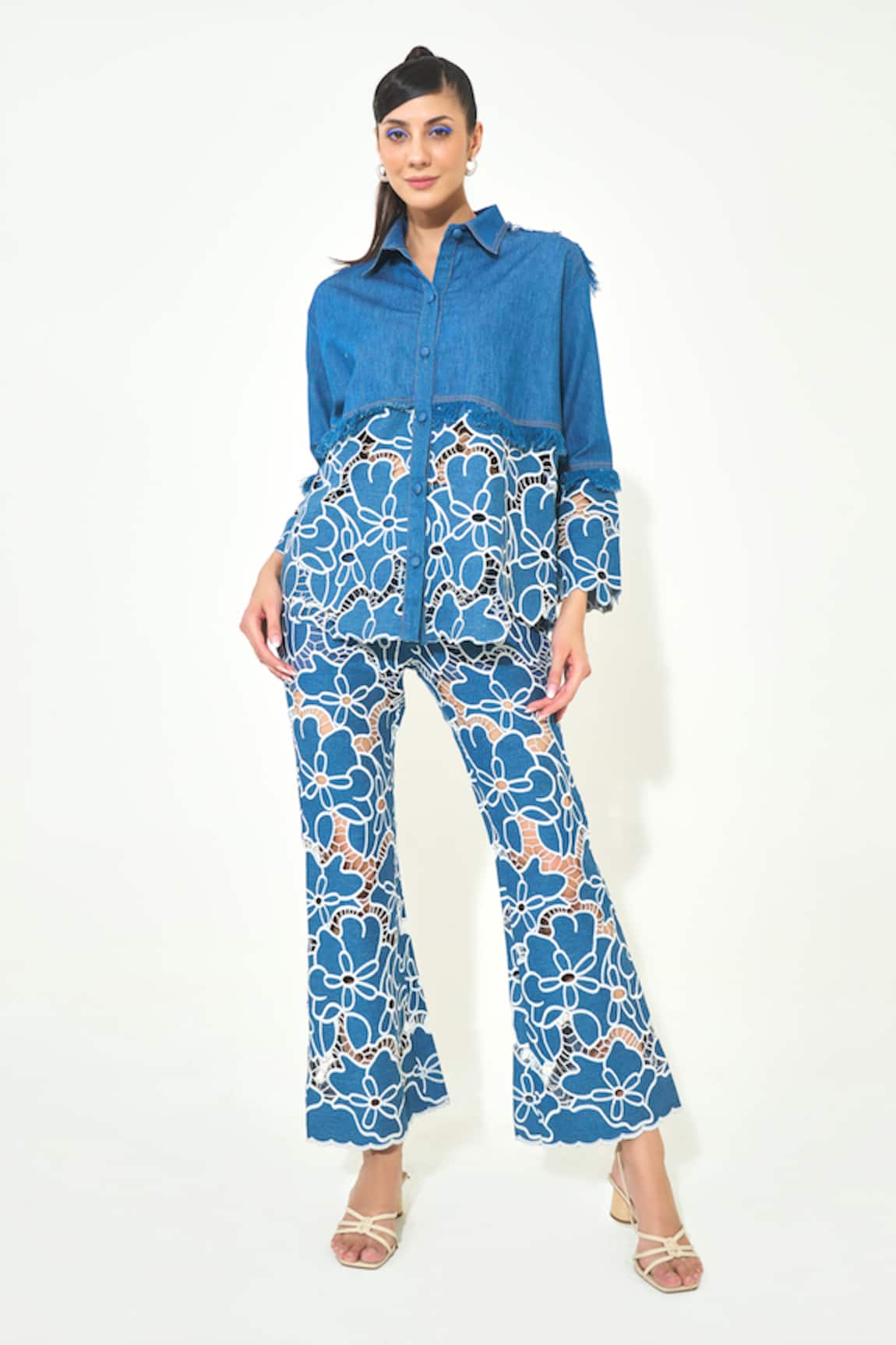 Qala Clothing Dark Blue Embroidered Cutwork Denim Set 
