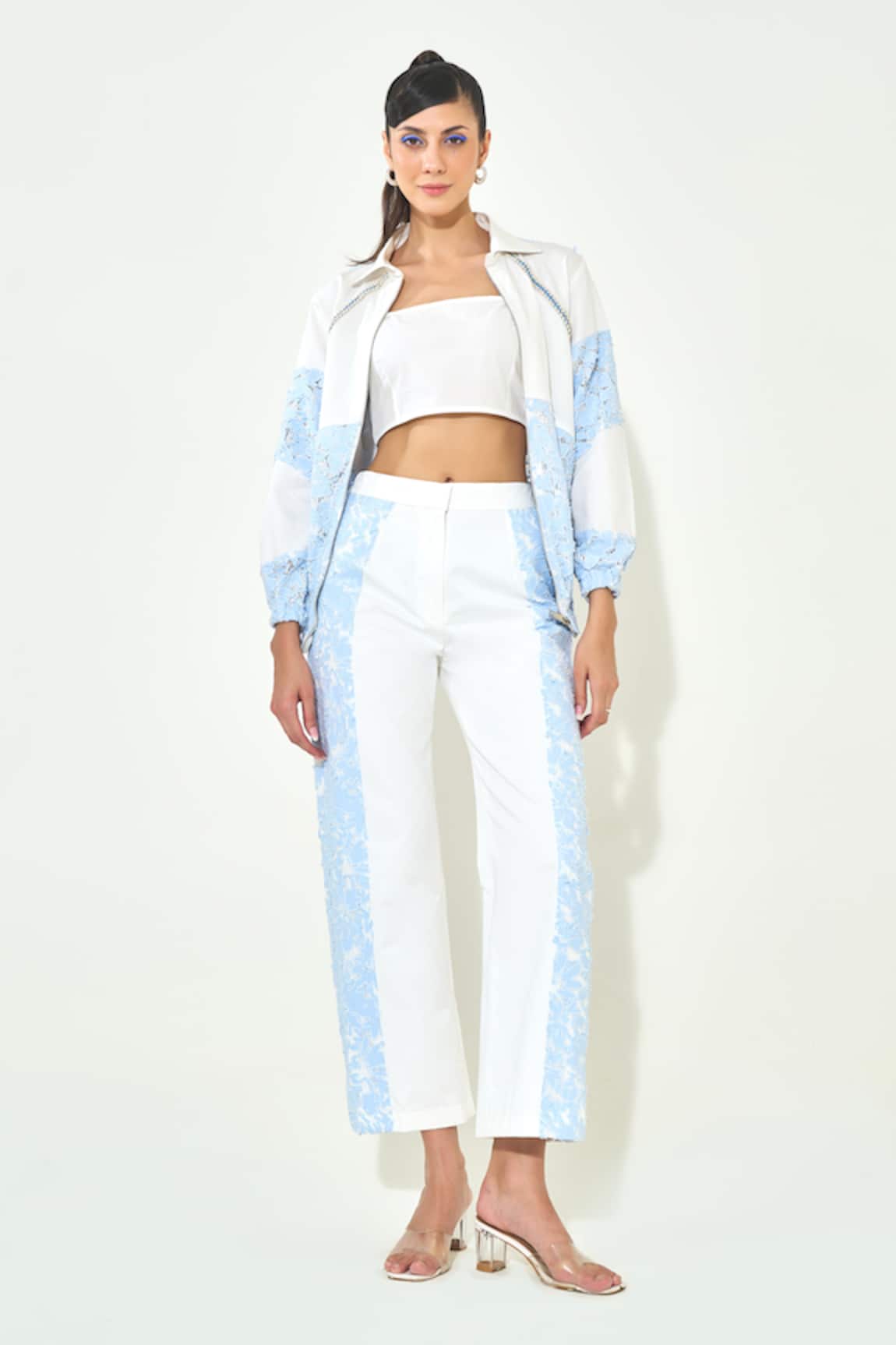 Qala Clothing Light Blue Denim Lace Jacket & Pant Set 