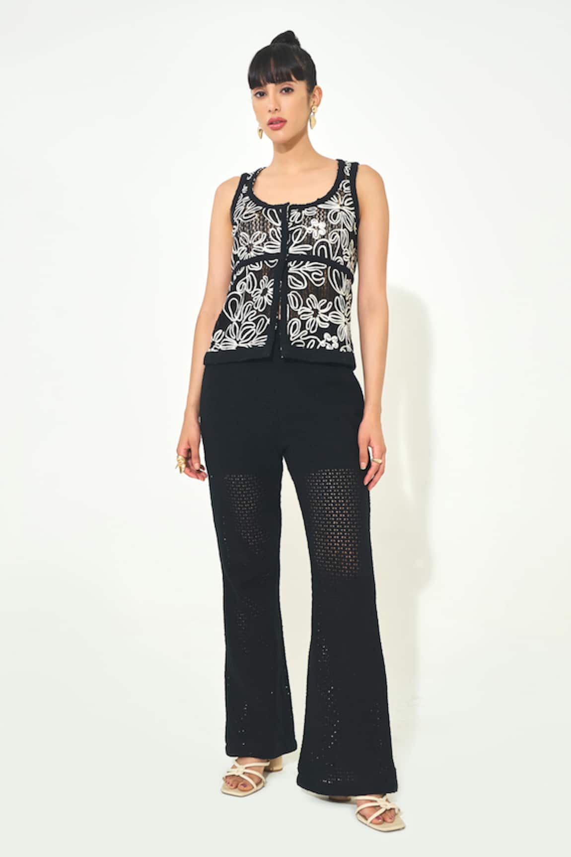 Qala Clothing Black Knit Top & Bellbottom Pant Set 
