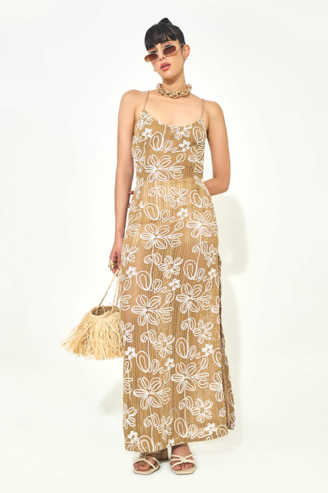 Qala Clothing Beige Floral Embroidered Maxi Dress 