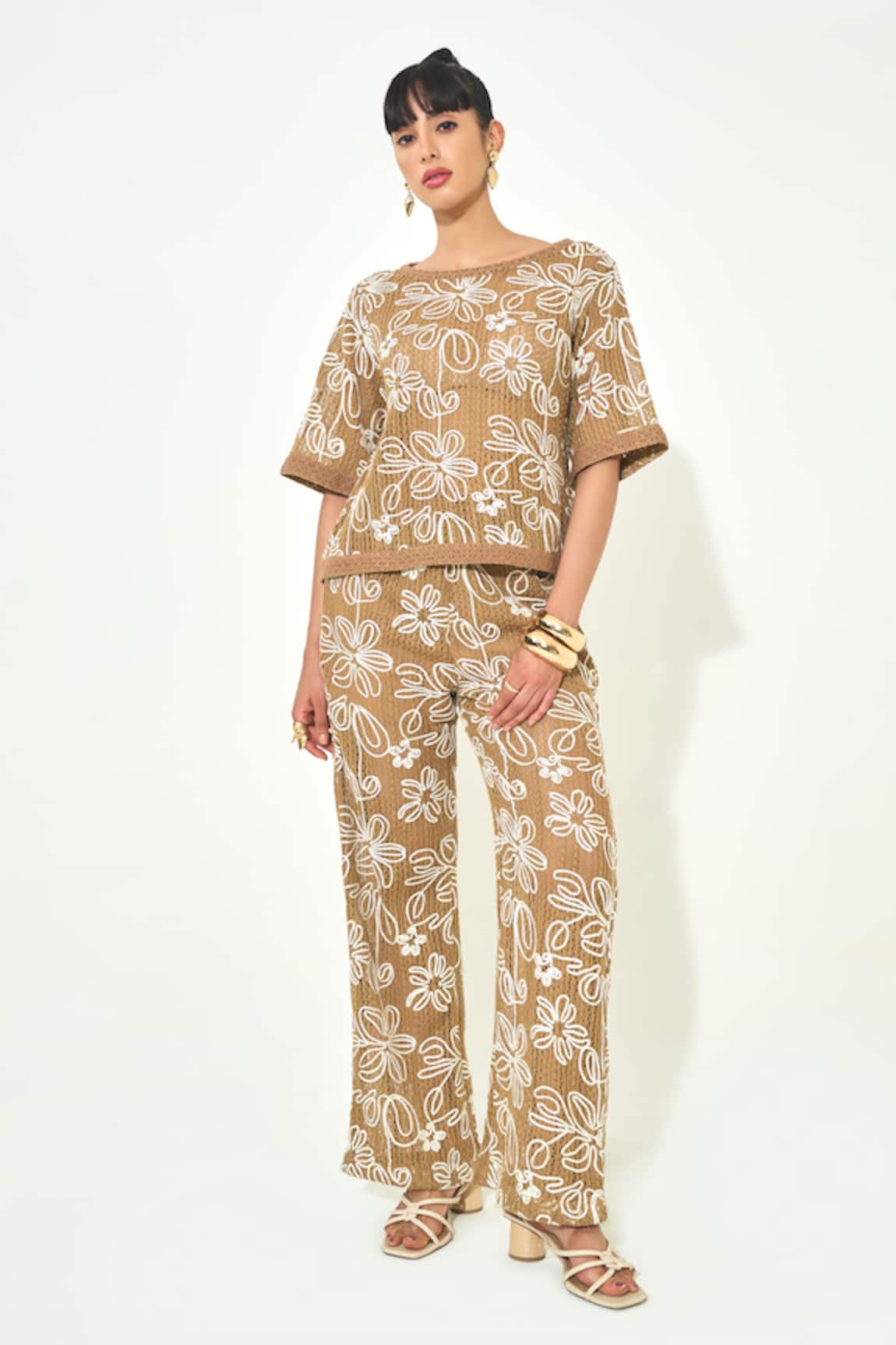 Qala Clothing Beige Floral Knit Top & Pant Set 