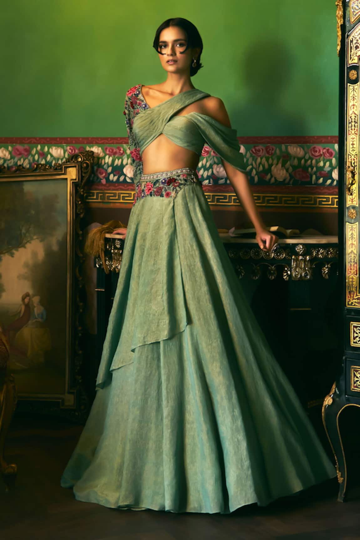 Supria Munjal Smoke Green Crinkled Shimmer Lehenga Set 