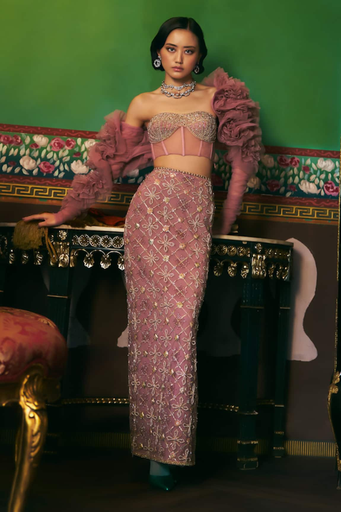 Supria Munjal Purple Tulle Bolero Skirt & Blouse Set 
