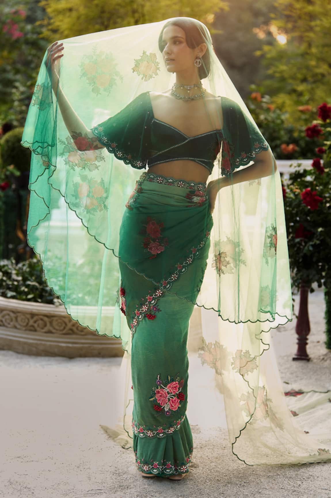 Supria Munjal Green Ombre Crinkled Silk Saree Set 