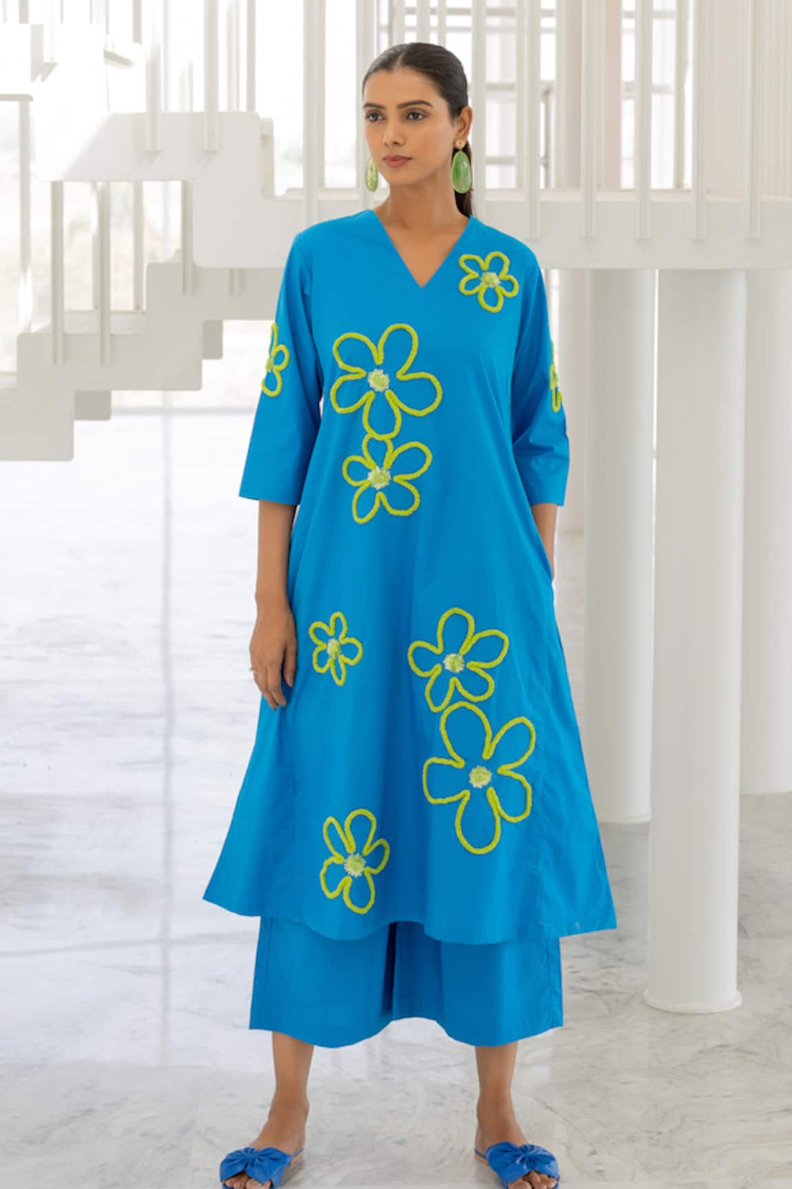 Silai Studio Floral Embroidery Seafoam Blue Kurta 