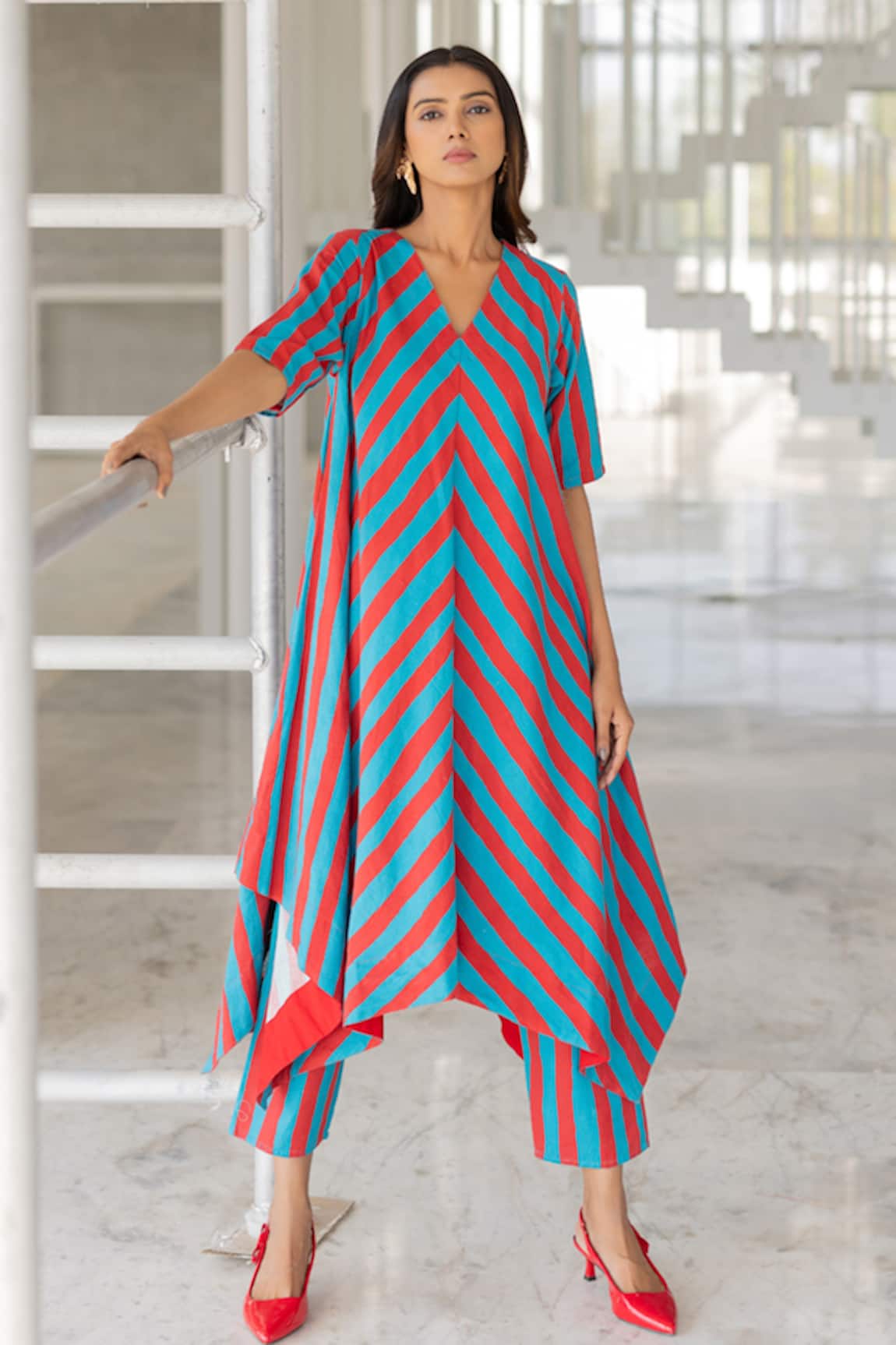 Silai Studio Poppy and Blue Stripe Kurta Set 