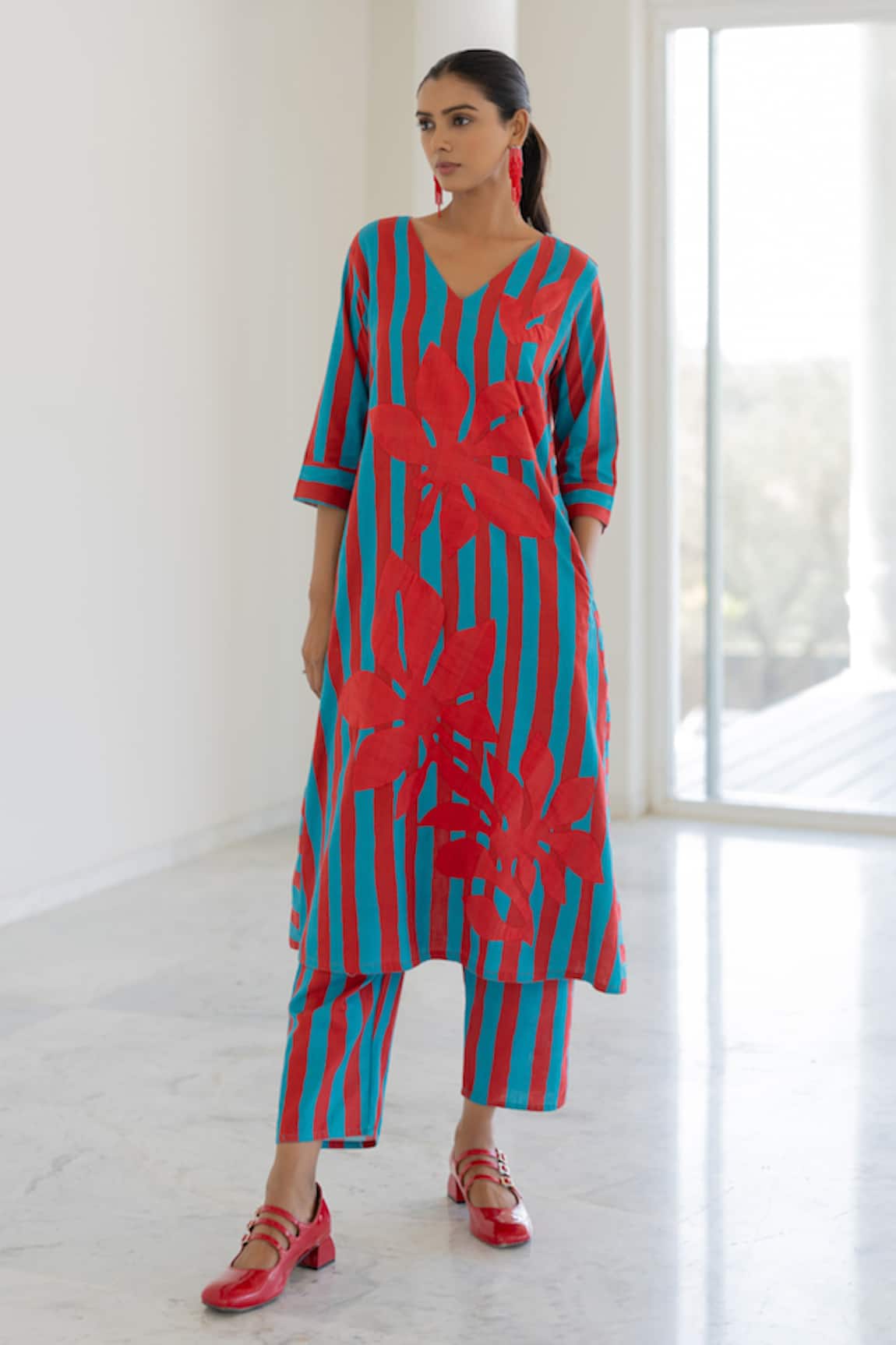 Silai Studio Sky Fire Striped Applique Kurta 
