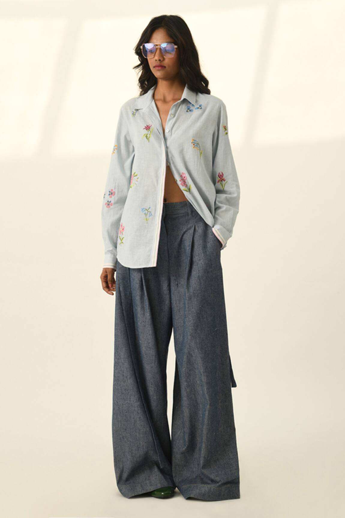 Payal Pratap Belted Wide-Leg Denim Pants 