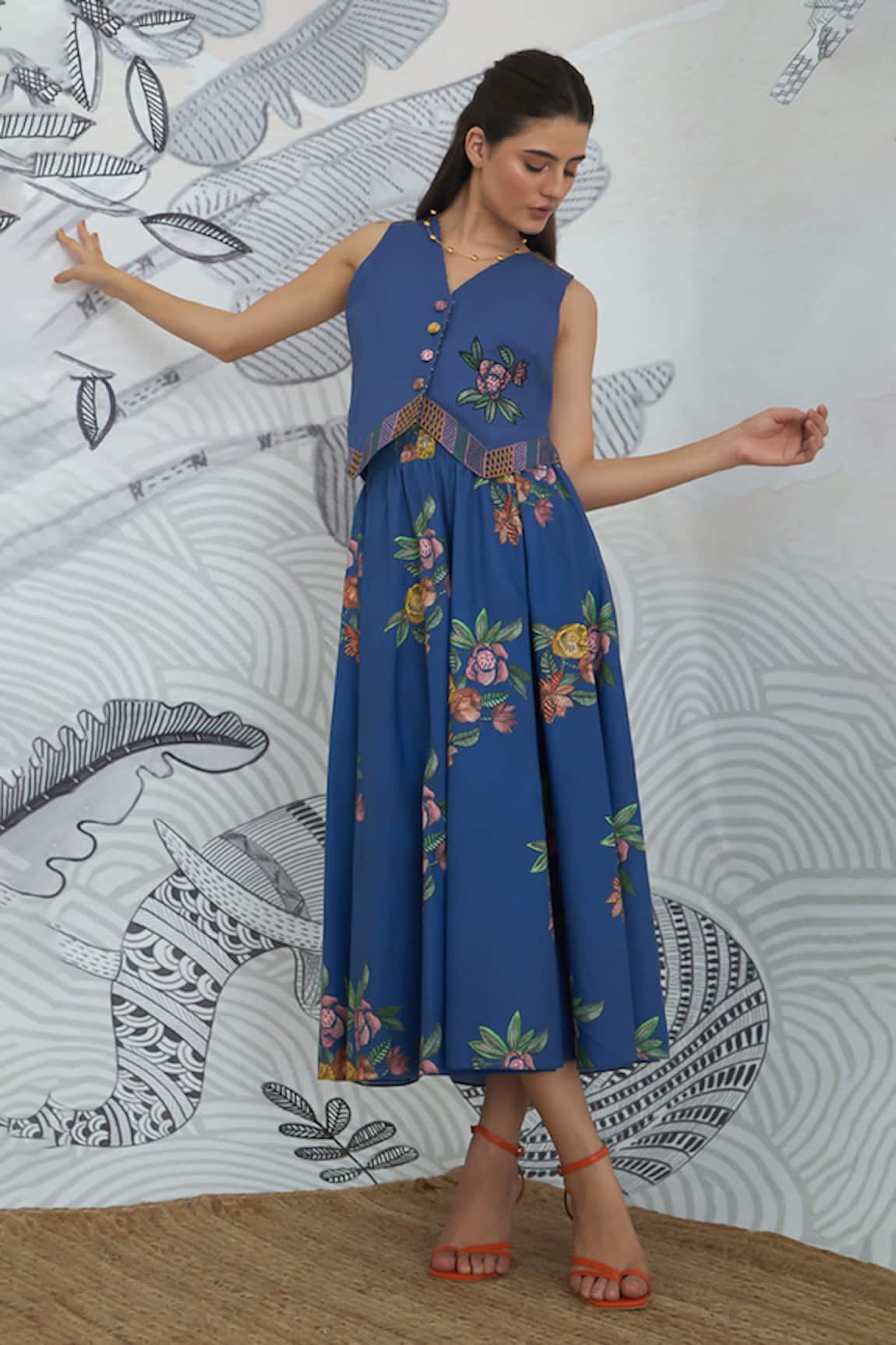 Shivani Bhargava Blue Embroidered Waistcoat & Flower Skirt 