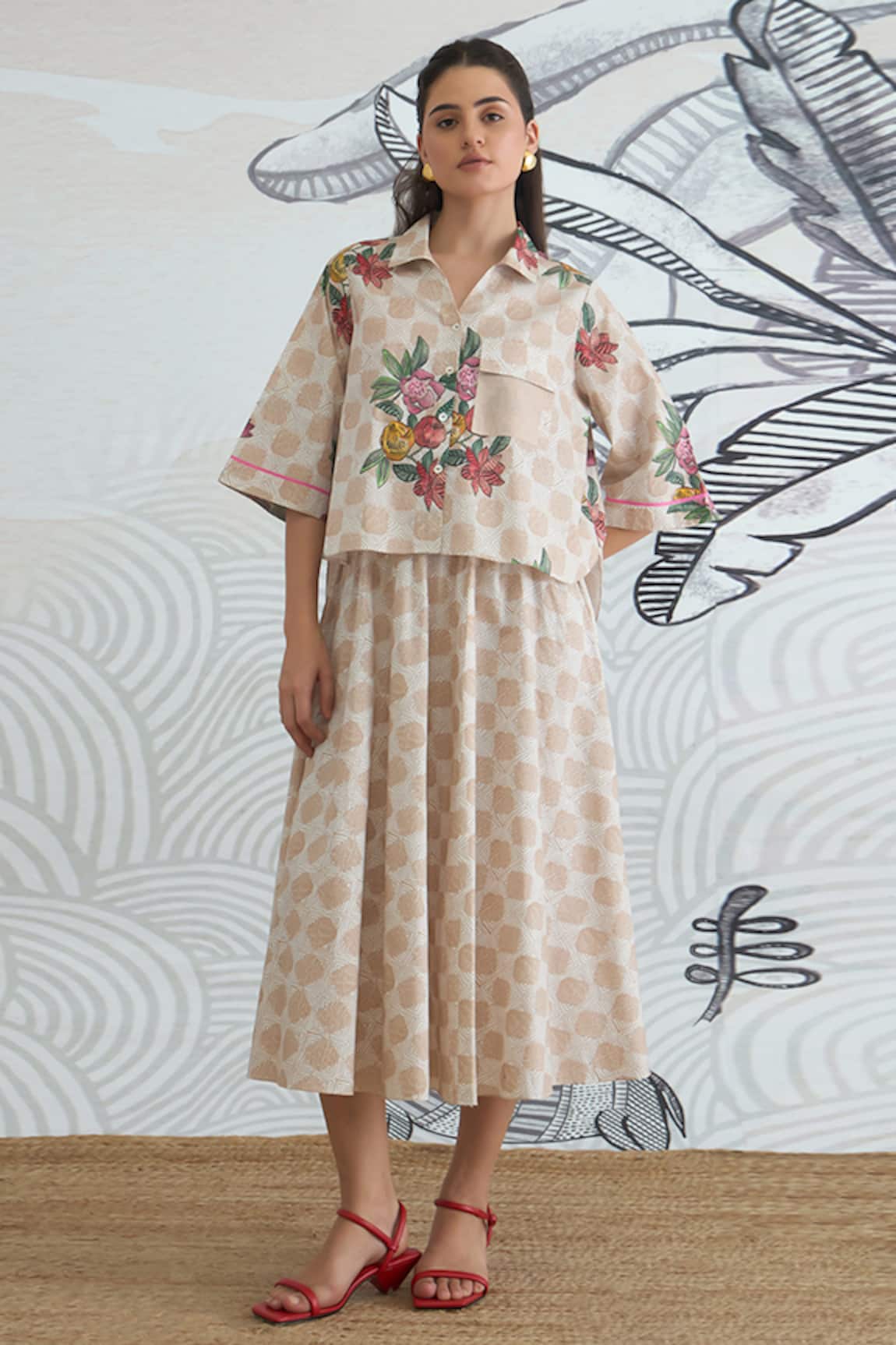 Shivani Bhargava Beige Check Flower Crop Shirt & Skirt 
