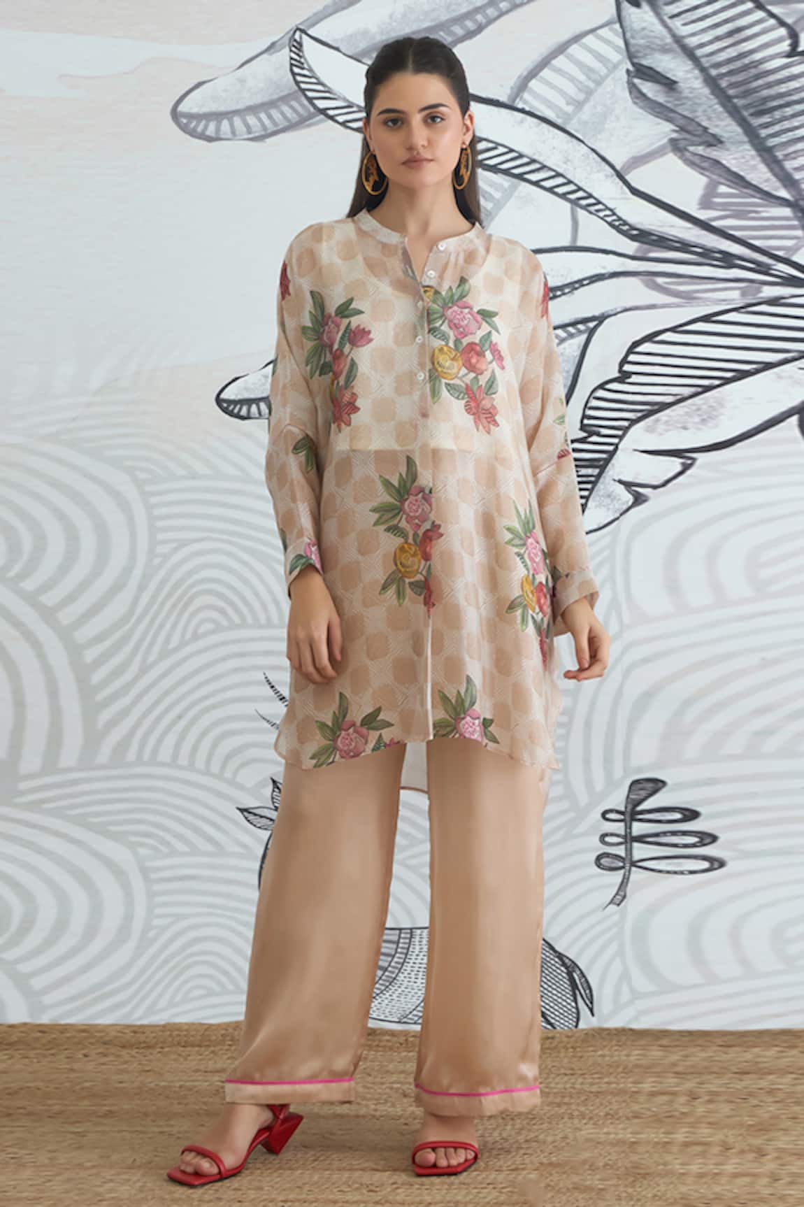 Shivani Bhargava Beige Check Flower Kimono Tunic & Pants 