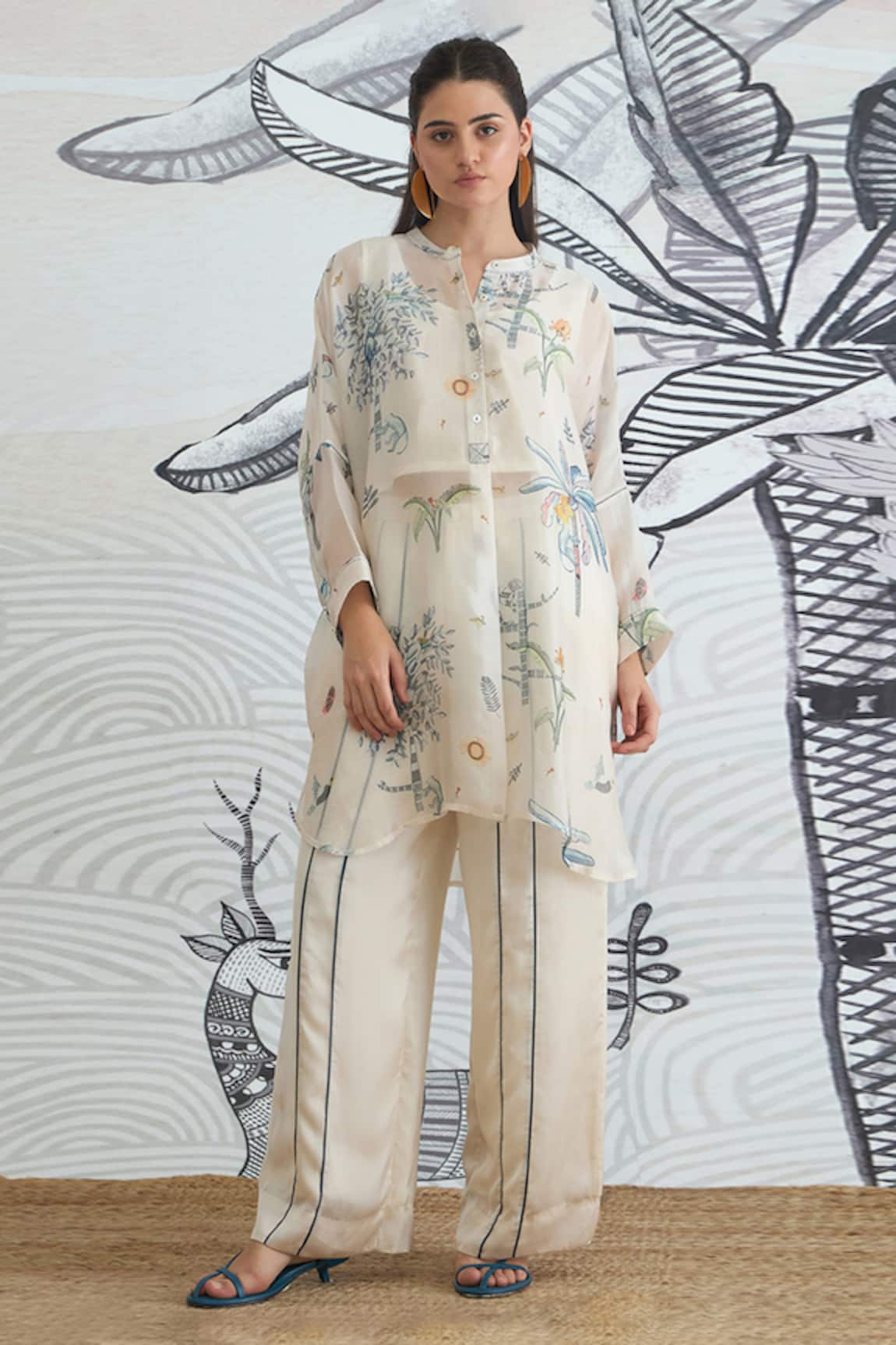 Shivani Bhargava Jungle Kimono Tunic with Blue Piping Pants 