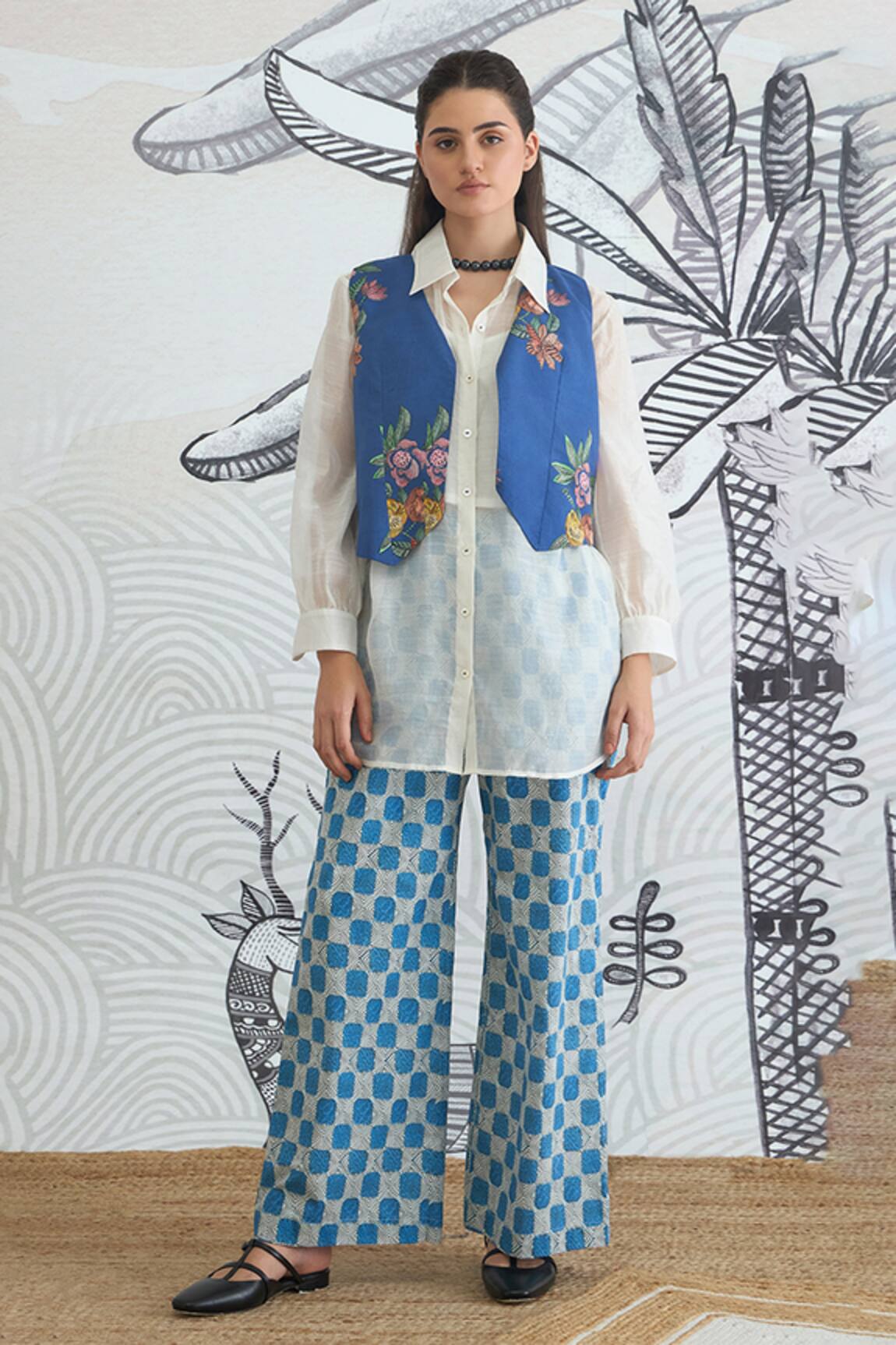 Shivani Bhargava Blue Floral Waistcoat & Check Pant Set 
