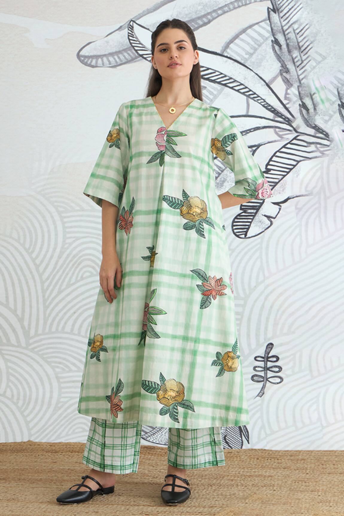 Shivani Bhargava Green Check Flower A-Line Kurta & Pant 