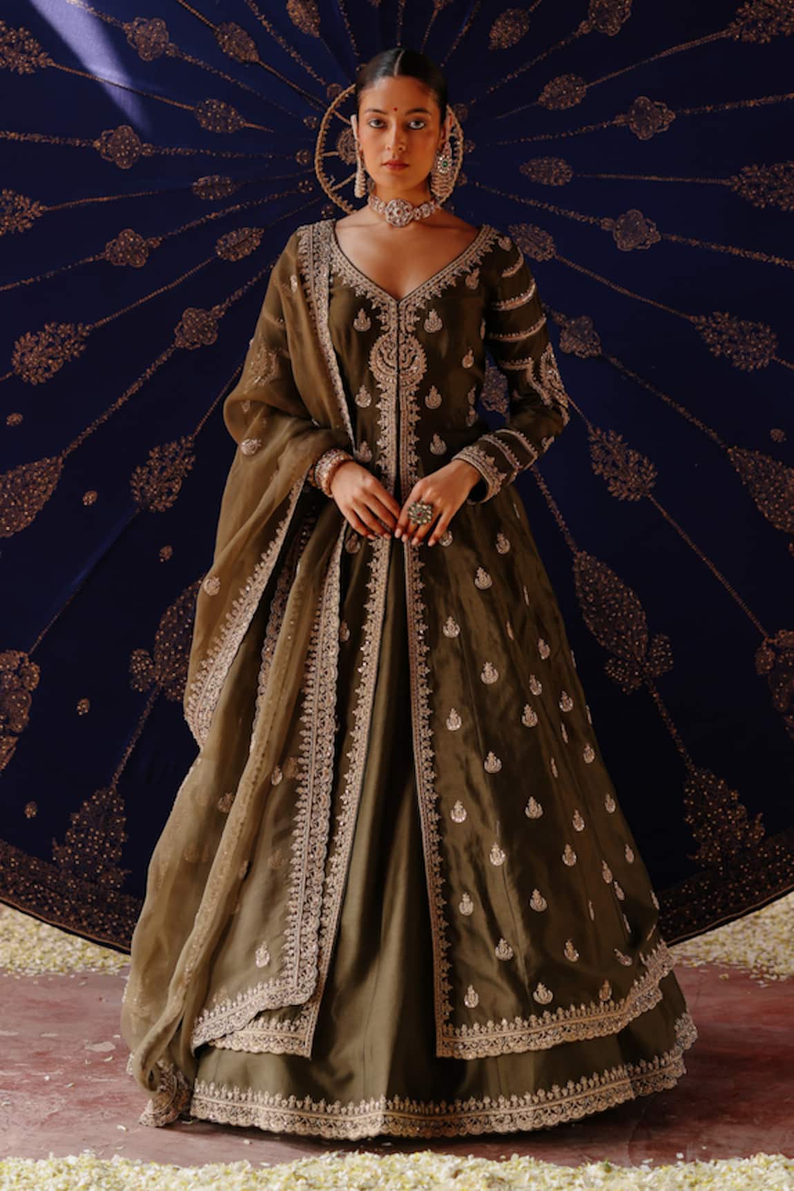 Jigar Mali Designer Green Chanderi Lehenga Set 