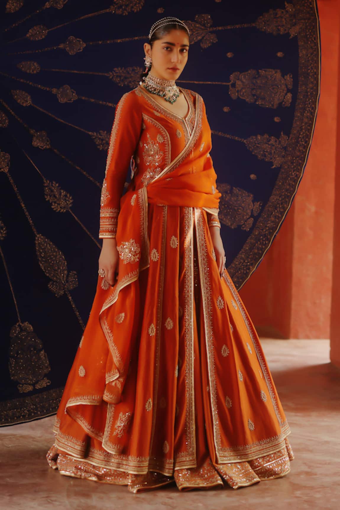 Jigar Mali Designer Orange Chanderi Lehenga Set 
