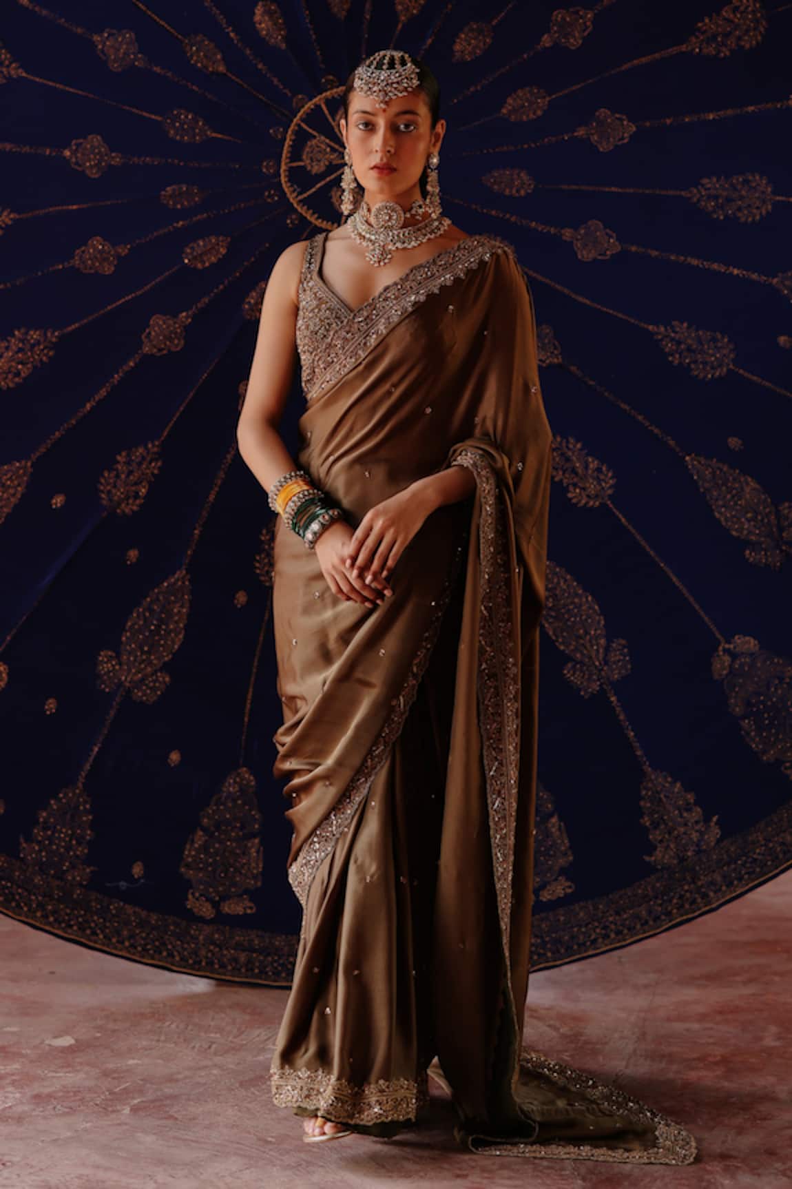 Jigar Mali Designer Green Satin Saree & Blouse 