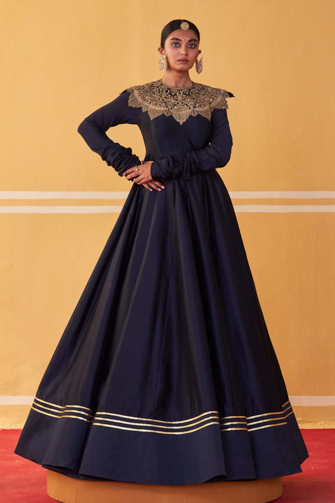 Jigar Mali Navy Blue Chanderi Anarkali  