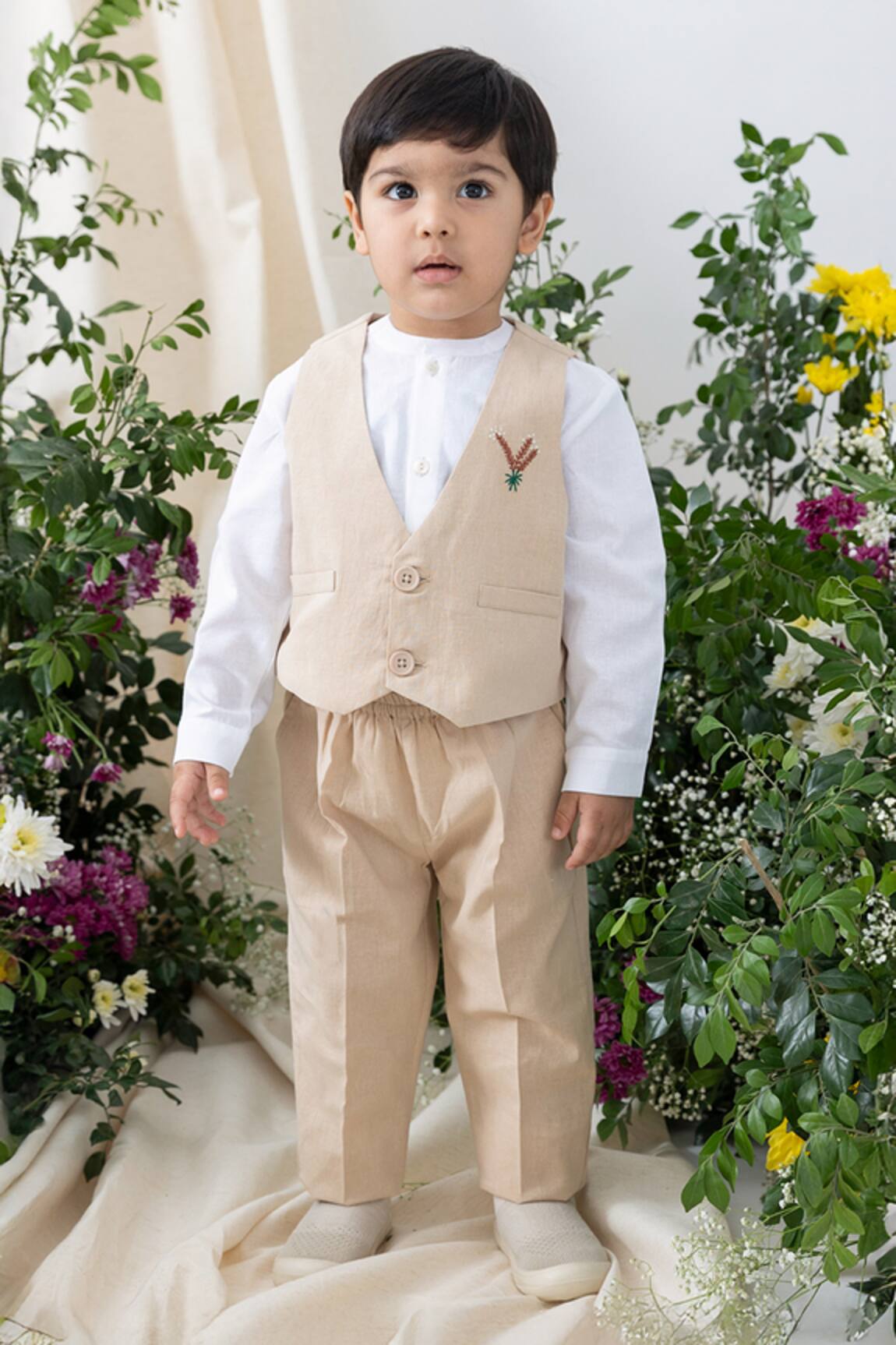 Tiber Taber Beige Cotton Designer Boys Waistcoat Set 