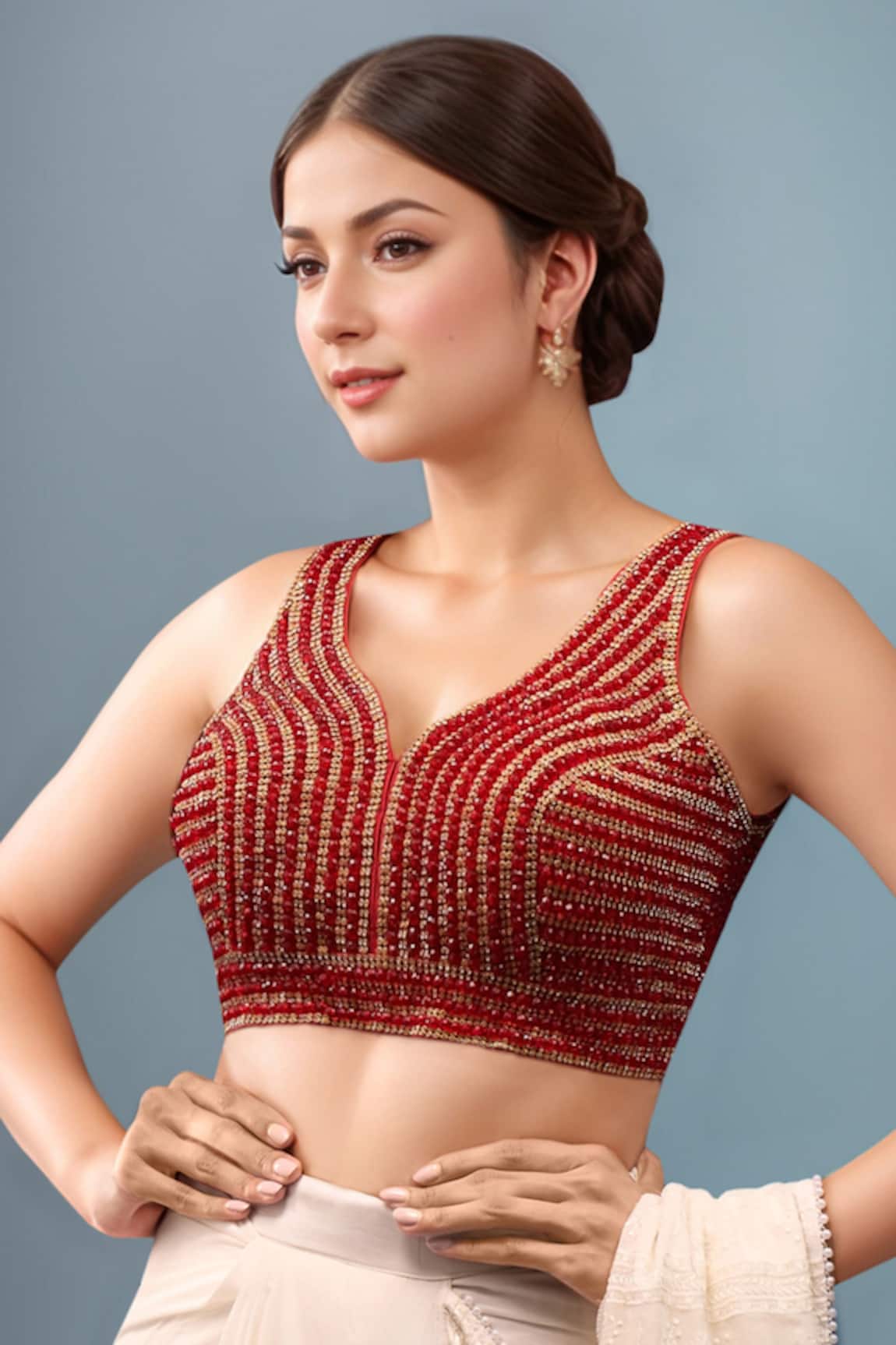 Samyukta Singhania Embellished Red Silk Padded Blouse 