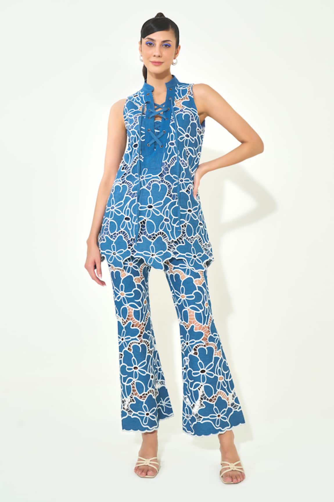 Qala Clothing Embroidered Cutwork Denim Co-ord Set 