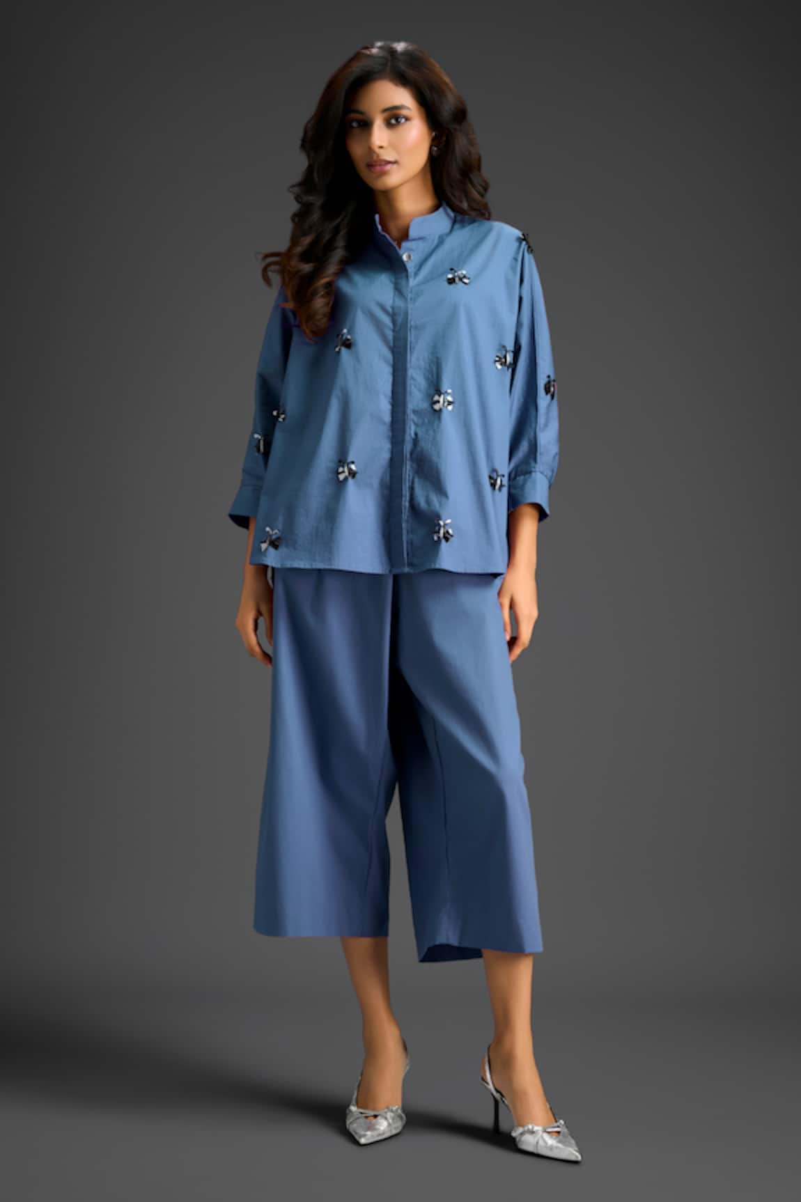 Deepika Arora Embroidered Blue Cotton Shirt & Pant Set 