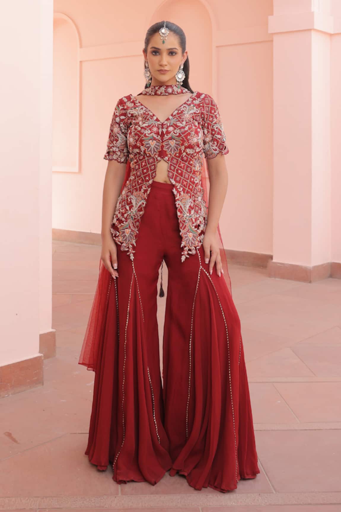 Label Astha Chhabra Maroon Embroidered Jacket Kurta Set 