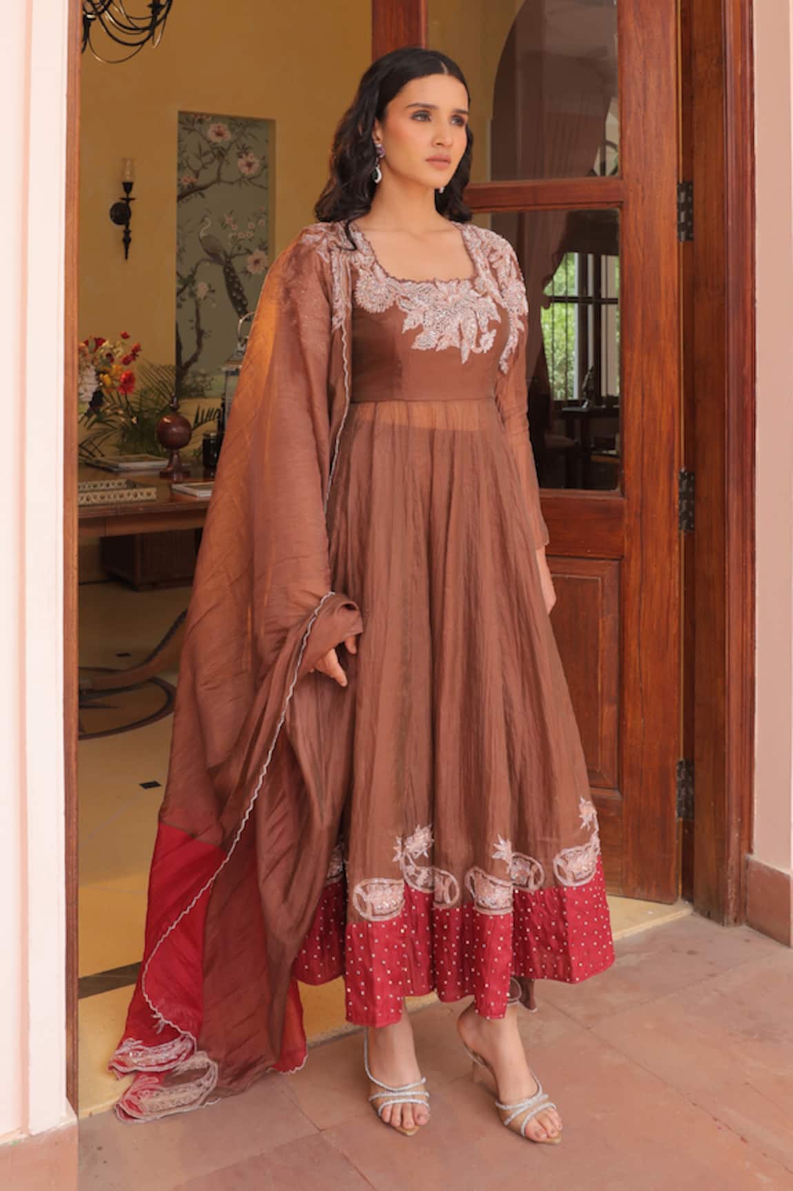 Label Astha Chhabra Copper Crushed Silk Organza Anarkali Set 