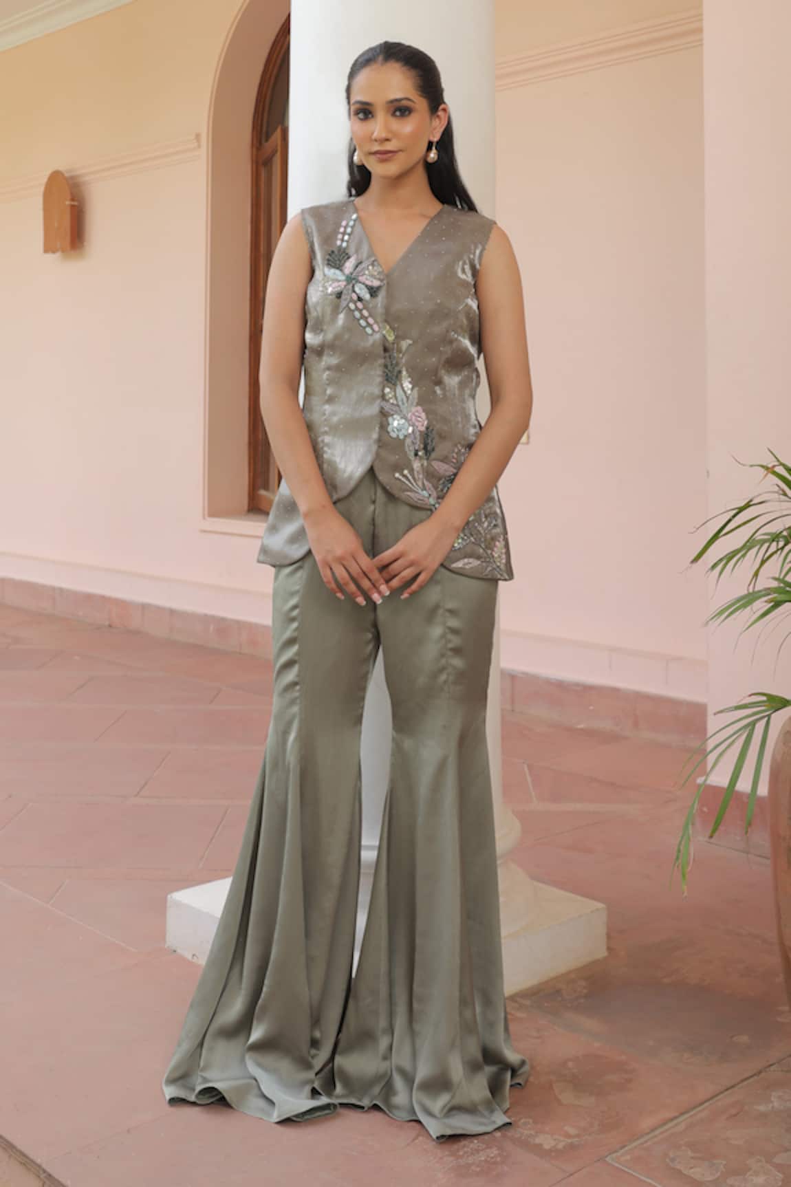Label Astha Chhabra Olive Green Embroidered Tunic & Bellbottom Pant 