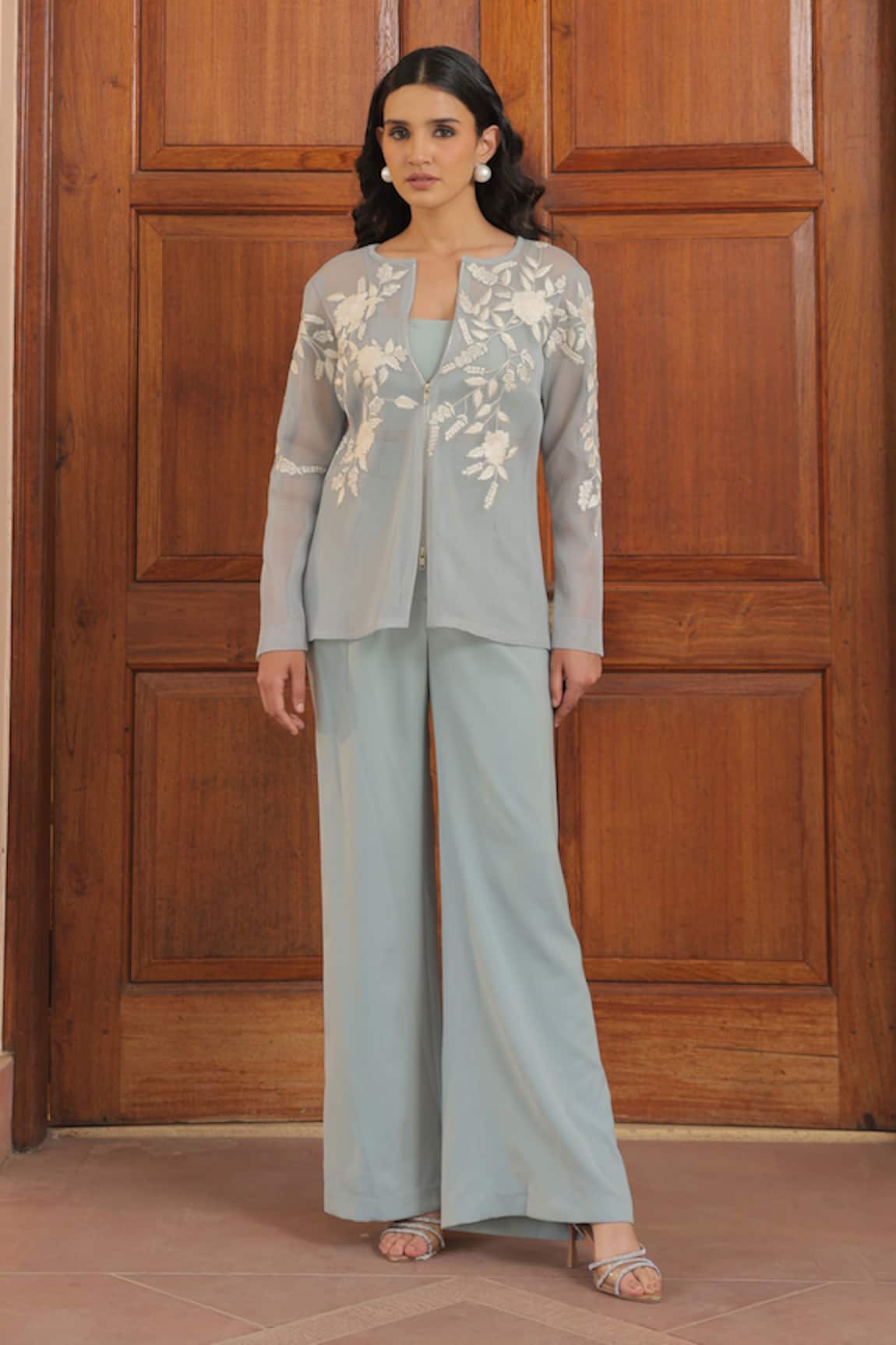 Label Astha Chhabra Aqua Blue Embroidered Jacket & Pant Set 