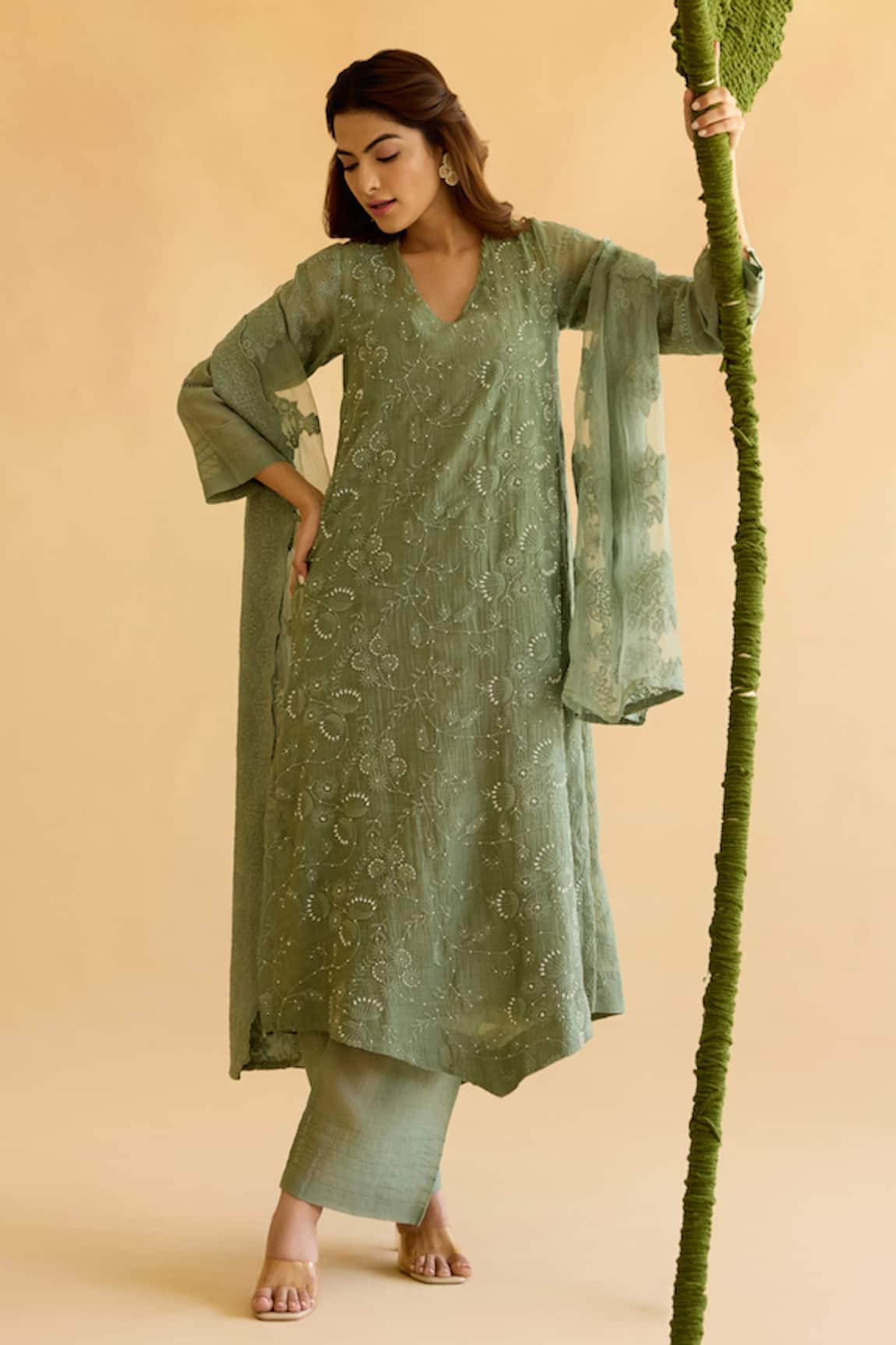 Naaz By Noor Muted Green Embroidered Kurta Set 