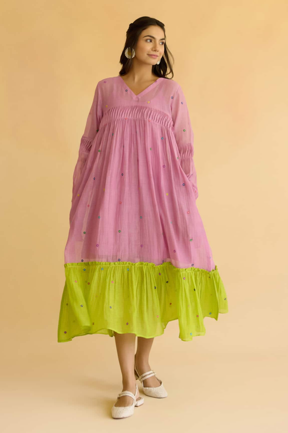 Naaz By Noor Lilac Chanderi Dress With Lime Hem 