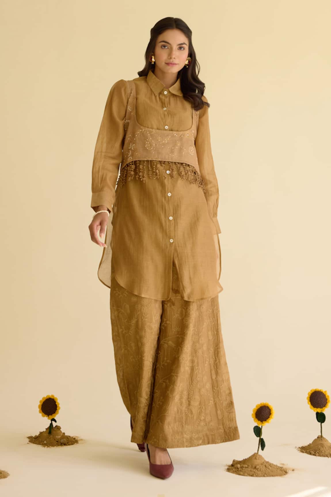 Naaz By Noor Olive Chanderi Shirt Tunic & Pant Set 