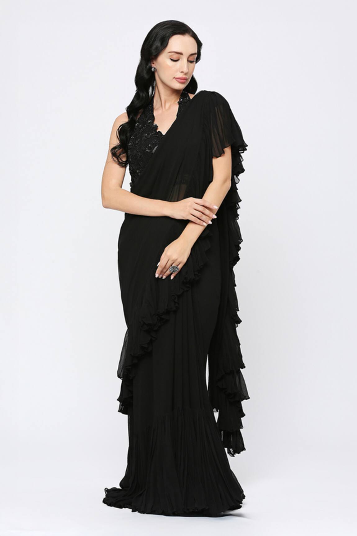 Neha Mehra Designer Black Ruffled Saree 