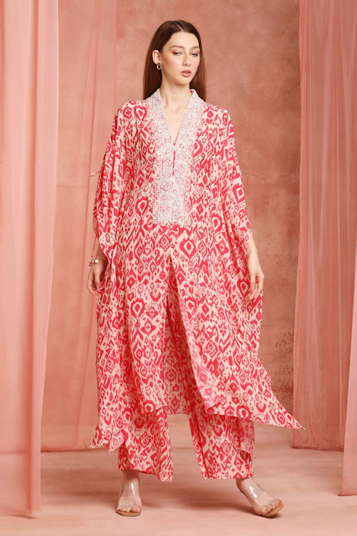 Neha Mehra Red Printed Kaftan & Pant Set 