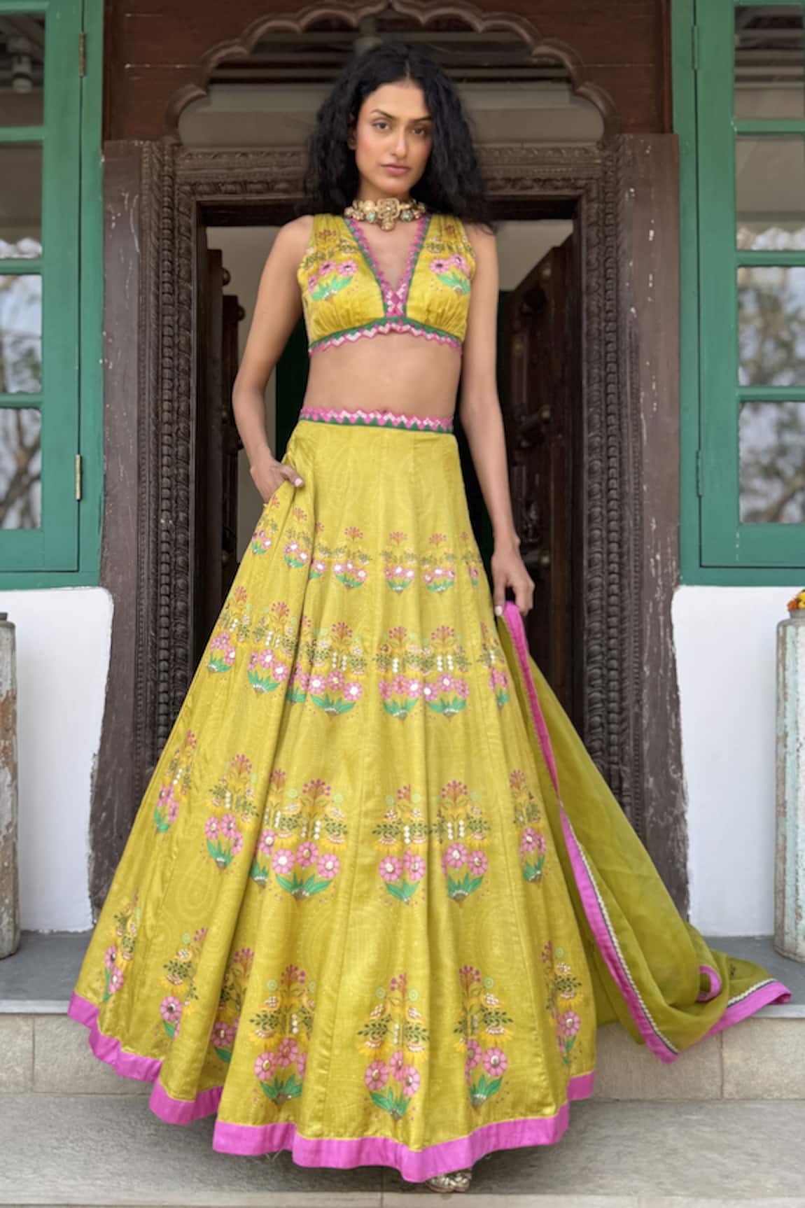 Basil Leaf Yellow Tussar Embroidered Lehenga Set 