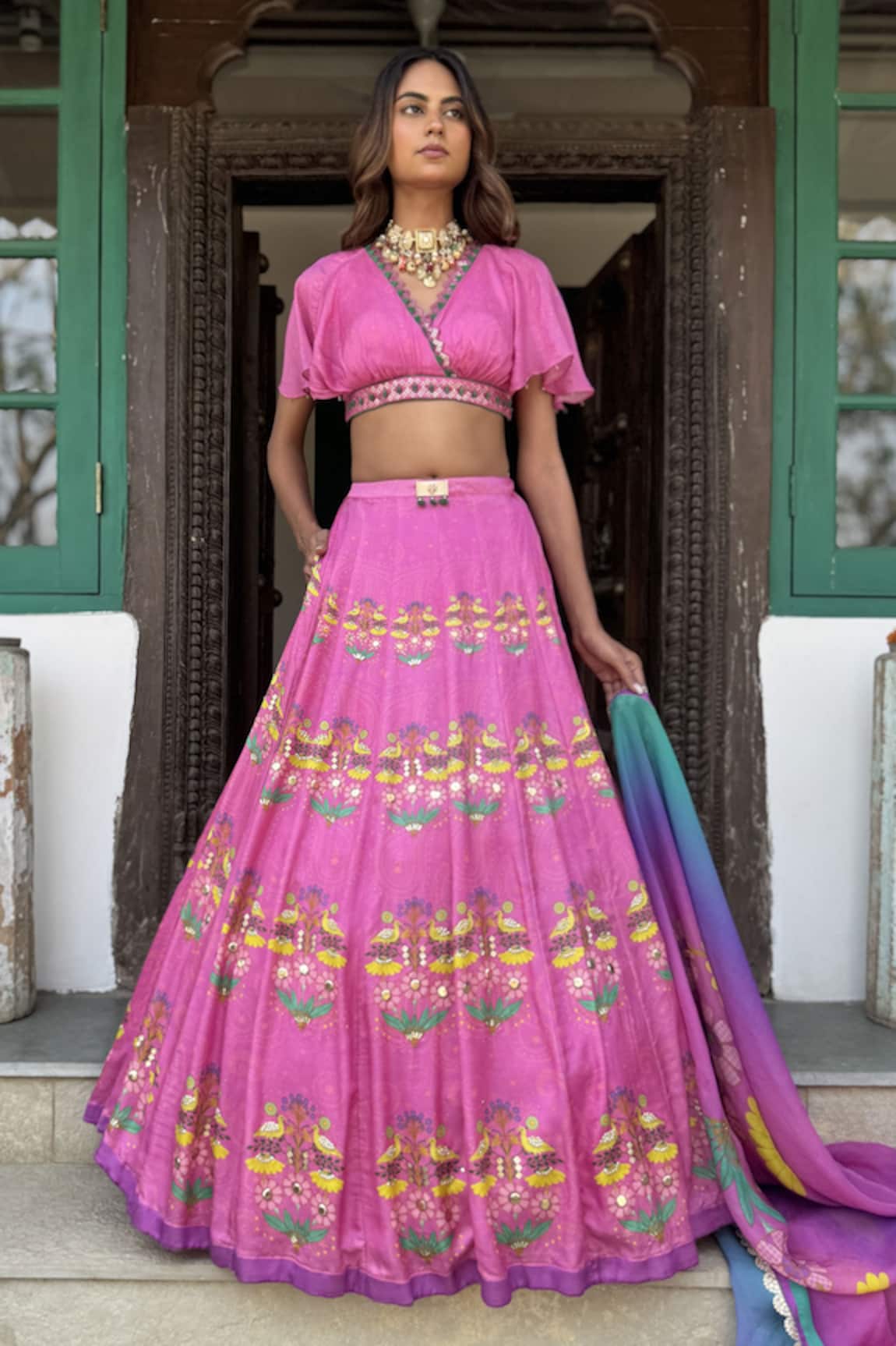 Basil Leaf Fuchsia Embroidered Lehenga Set 