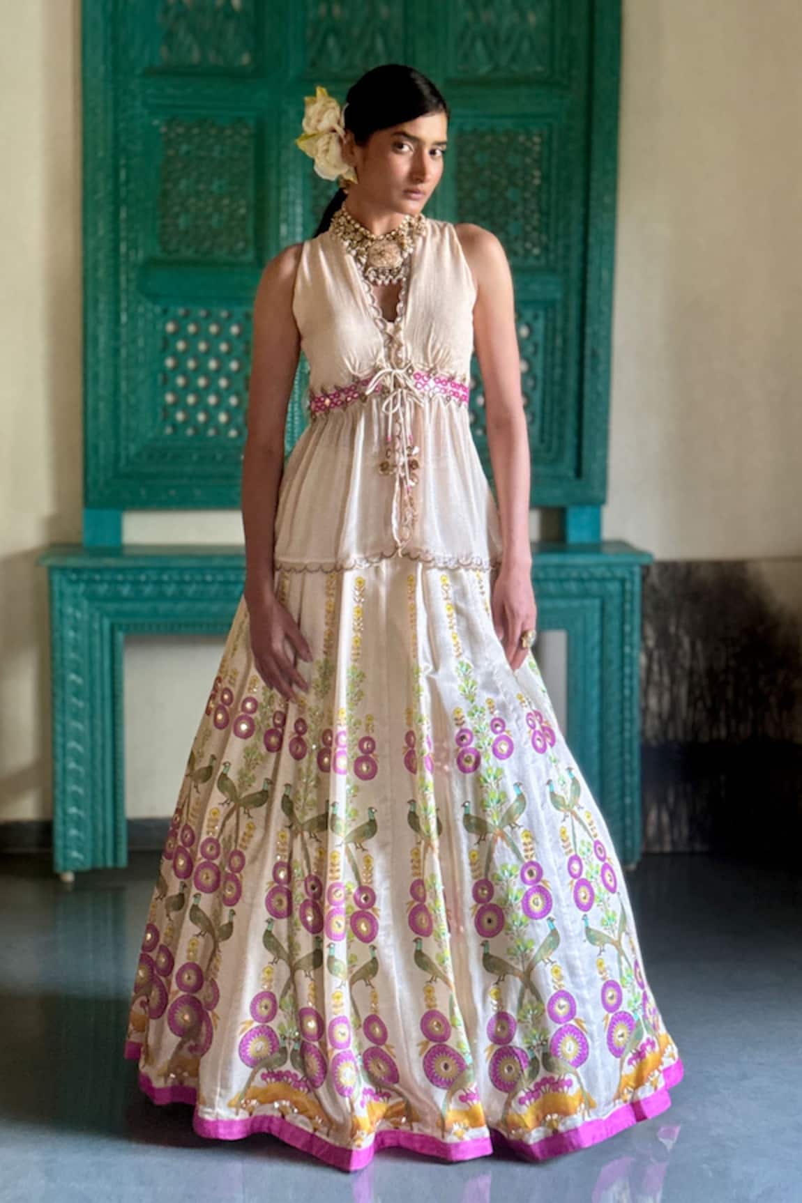 Basil Leaf Beige Floral Embroidered Lehenga Set 