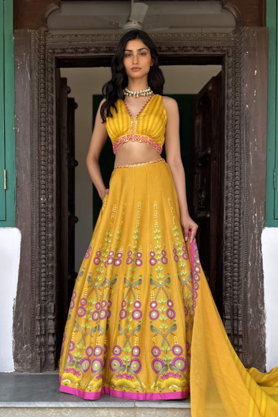 Basil Leaf Embroidered Yellow Lehenga Set 
