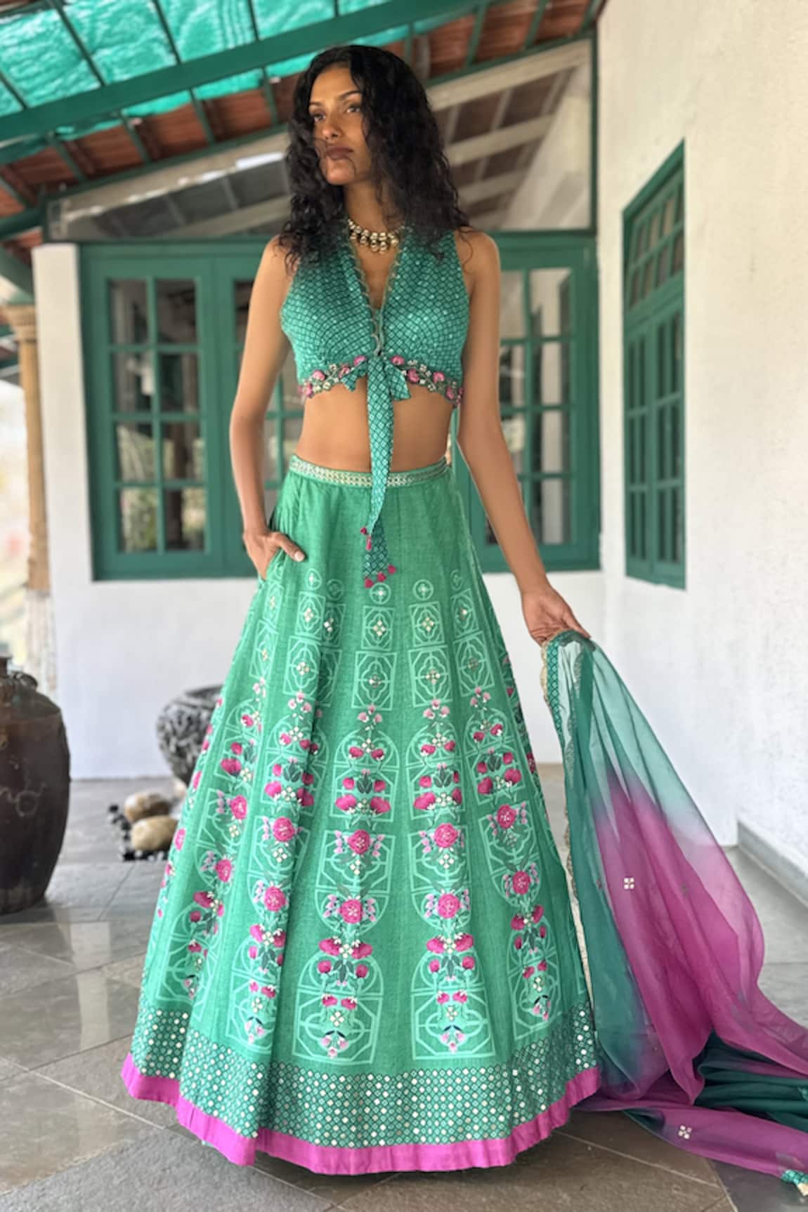 Basil Leaf Aqua Floral Embroidered Lehenga Set 