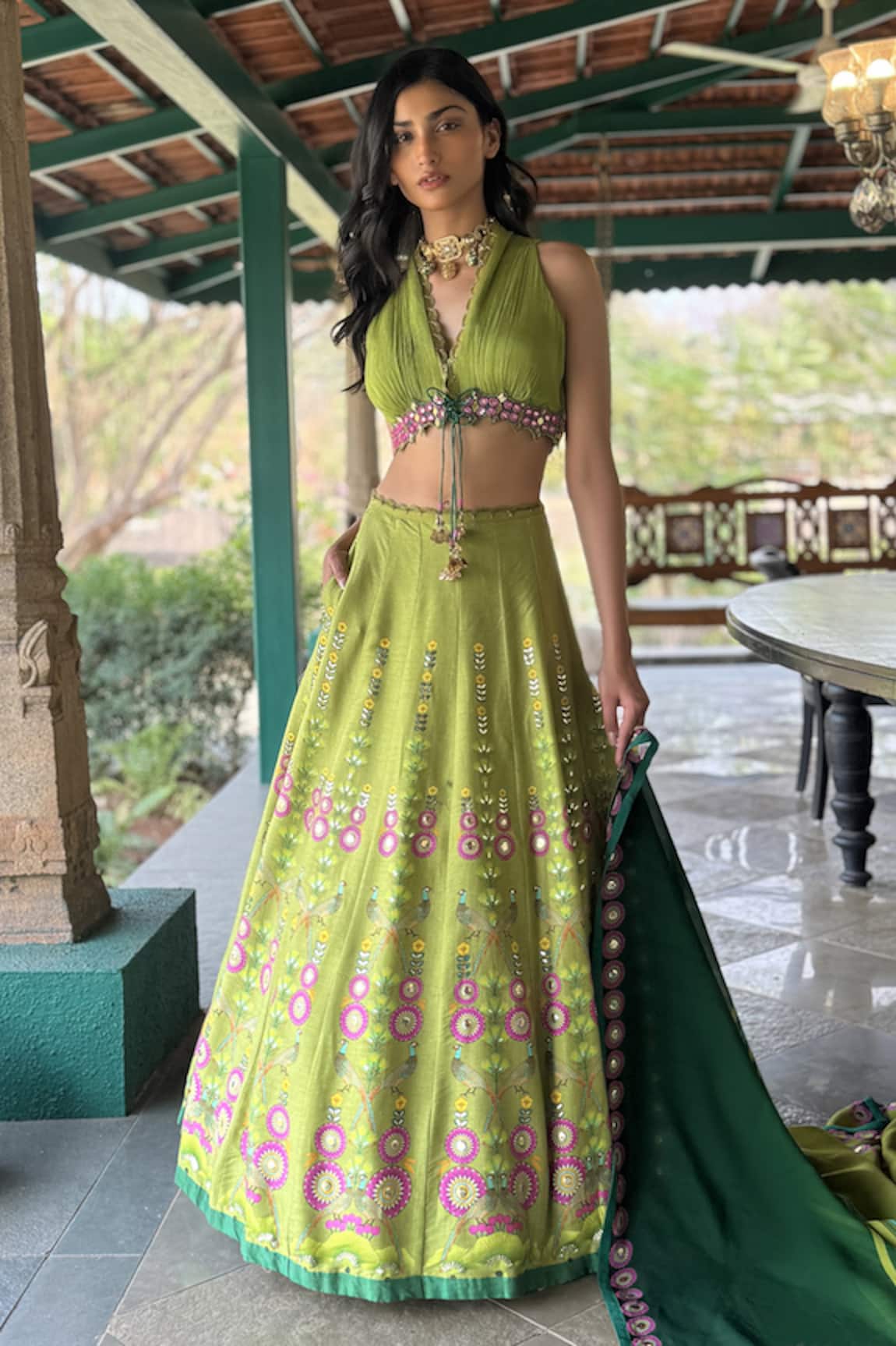 Basil Leaf Green Embroidered Lehenga Set 