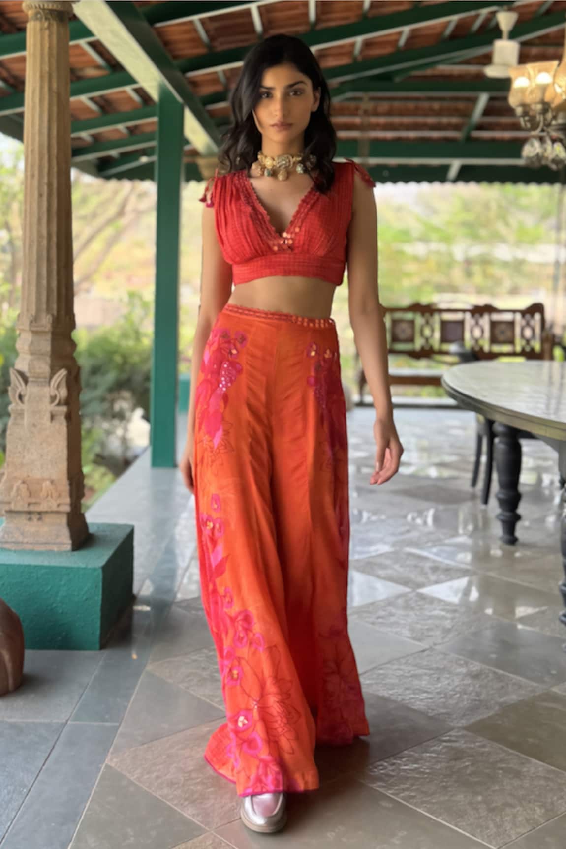 Basil Leaf Designer Orange Chiffon Top & Pant Set 