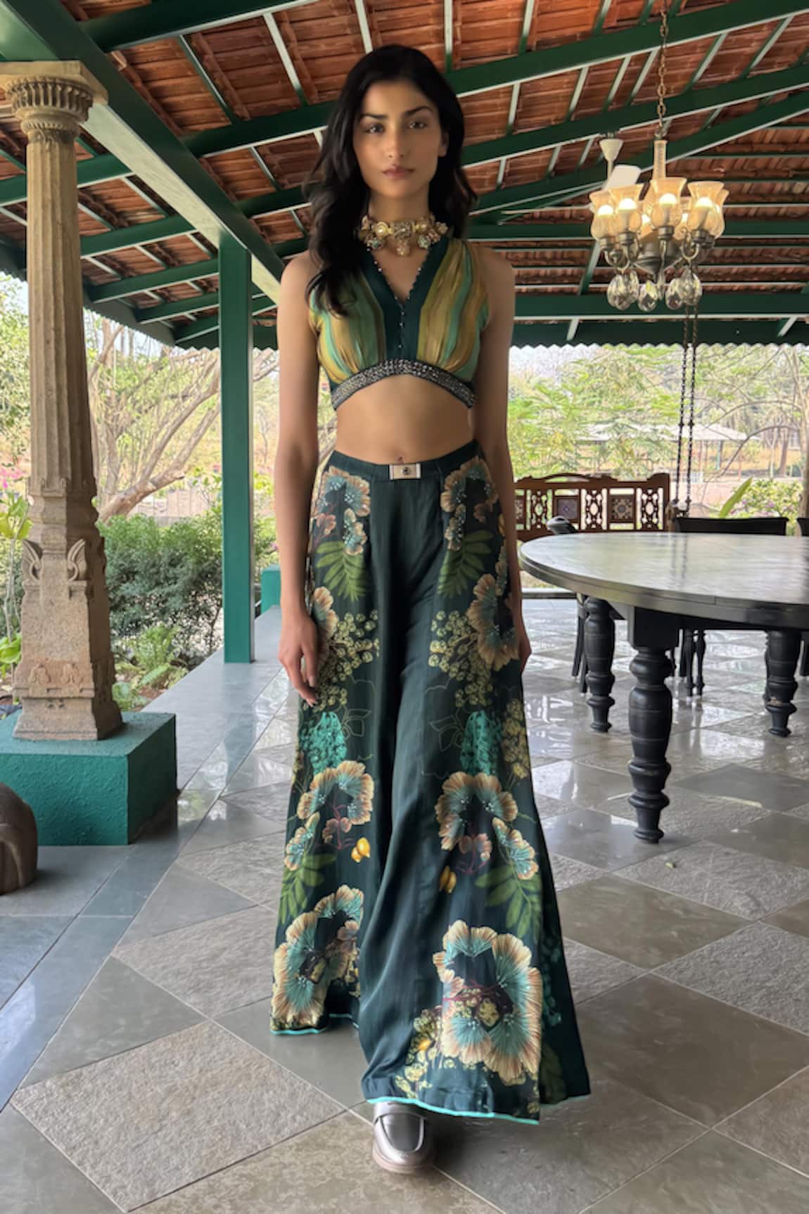 Basil Leaf Floral Print Chiffon Top & Gajji Satin Pant 