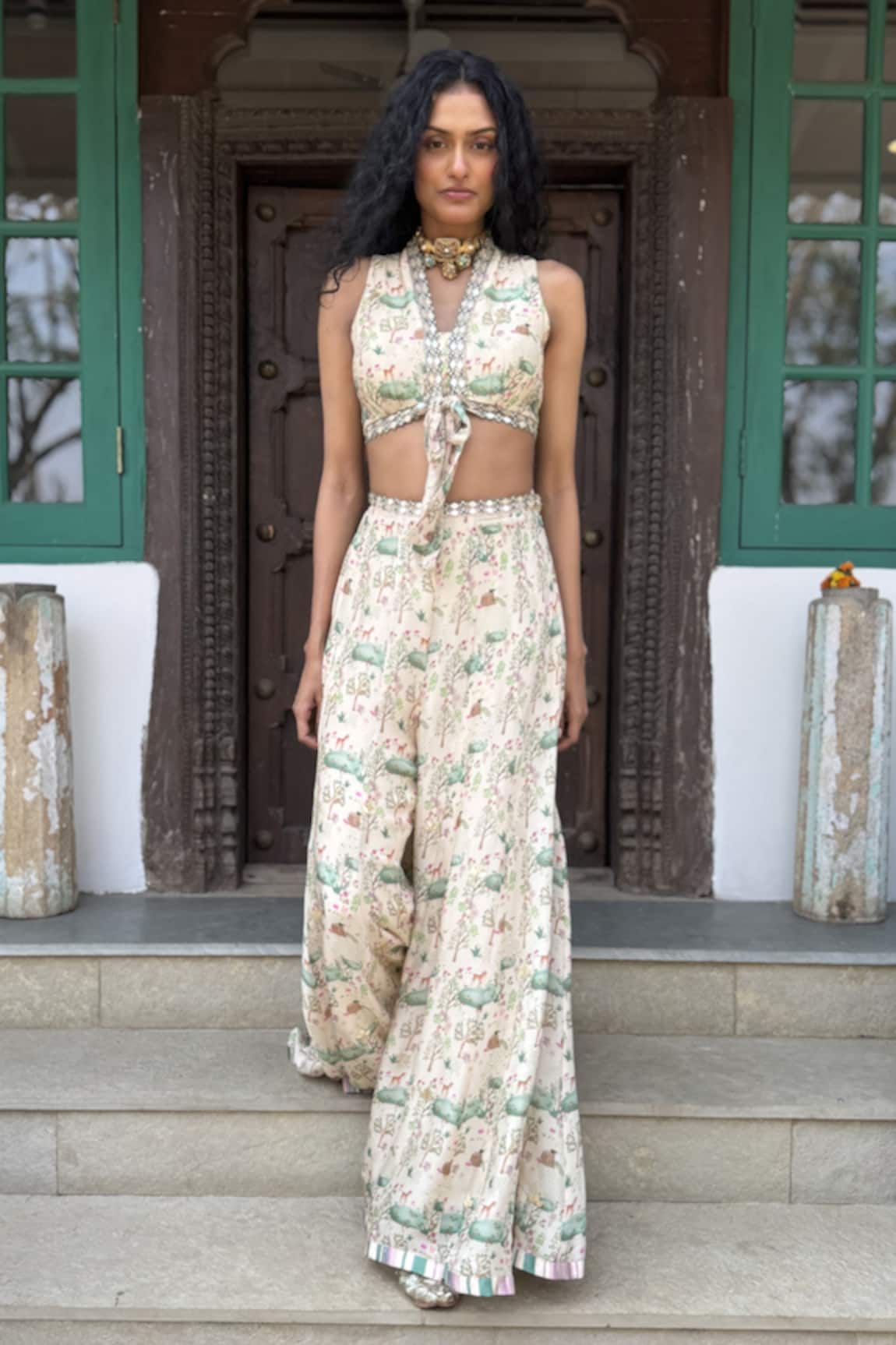 Basil Leaf Beige Chiffon Floral Print Top & Pant Set 