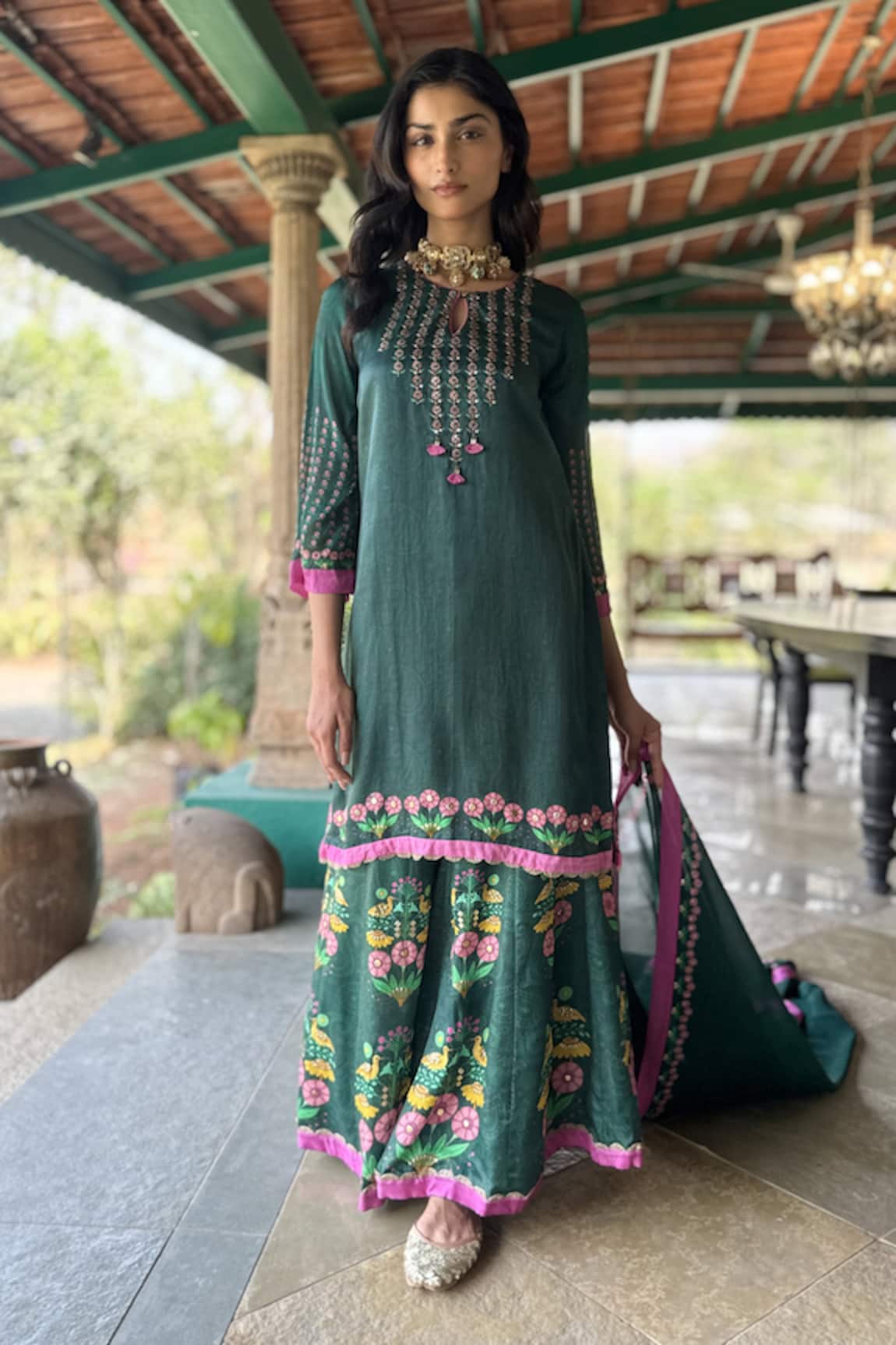 Basil Leaf Embroidered Green Kurta Sharara Set 