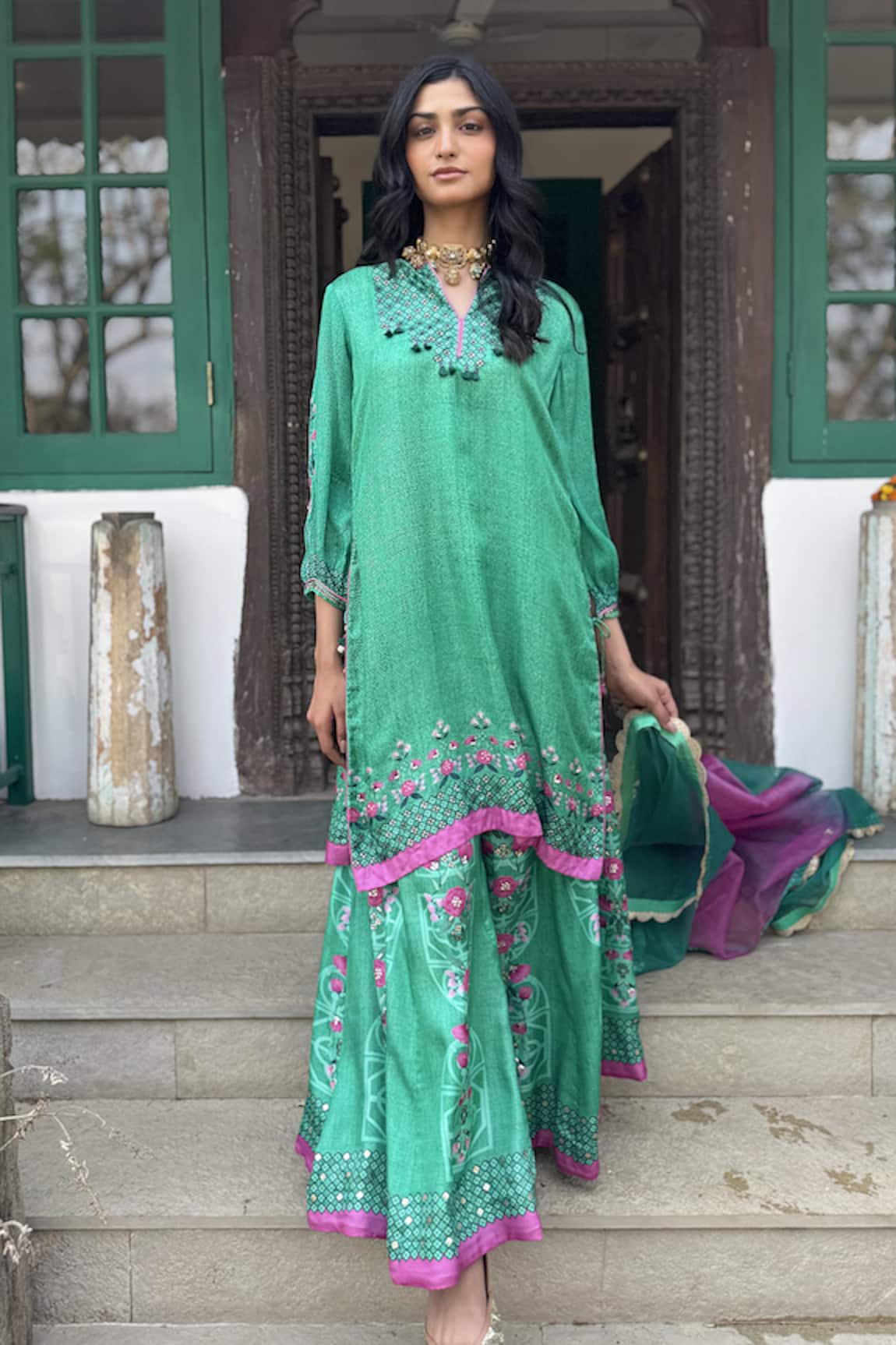 Basil Leaf Aqua Green Embroidered Kurta Sharara Set 