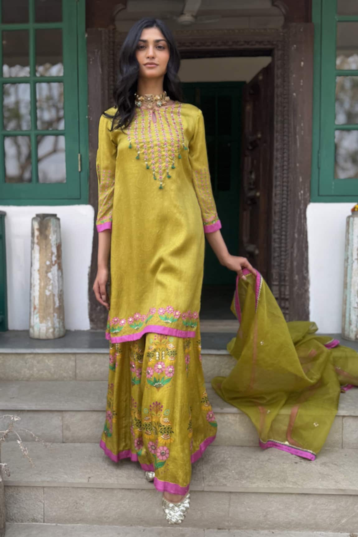 Basil Leaf Yellow Gajji Satin Kurta Sharara Set 