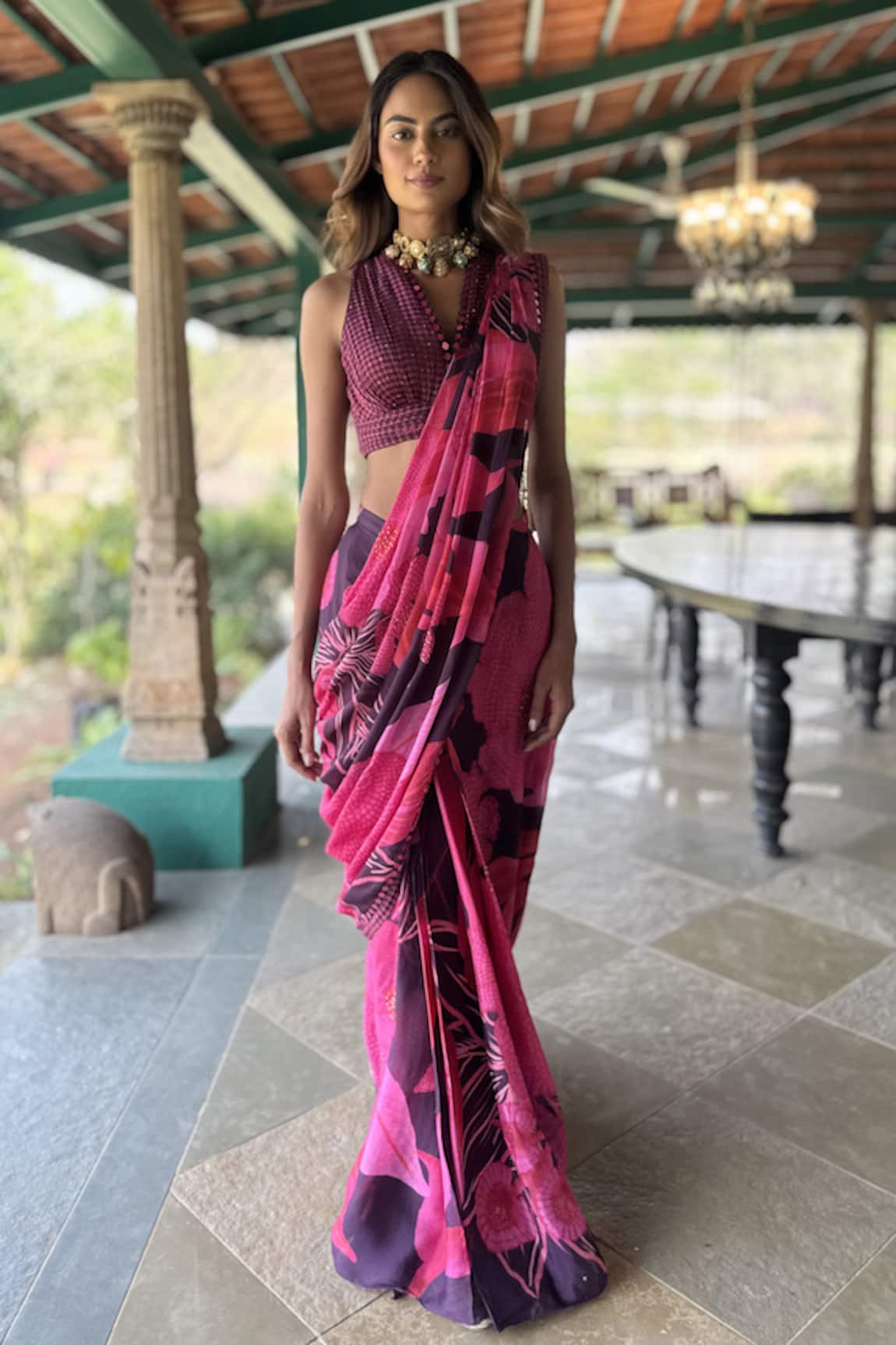 Basil Leaf Designer Wine Chiffon Blouse & Saree Set 
