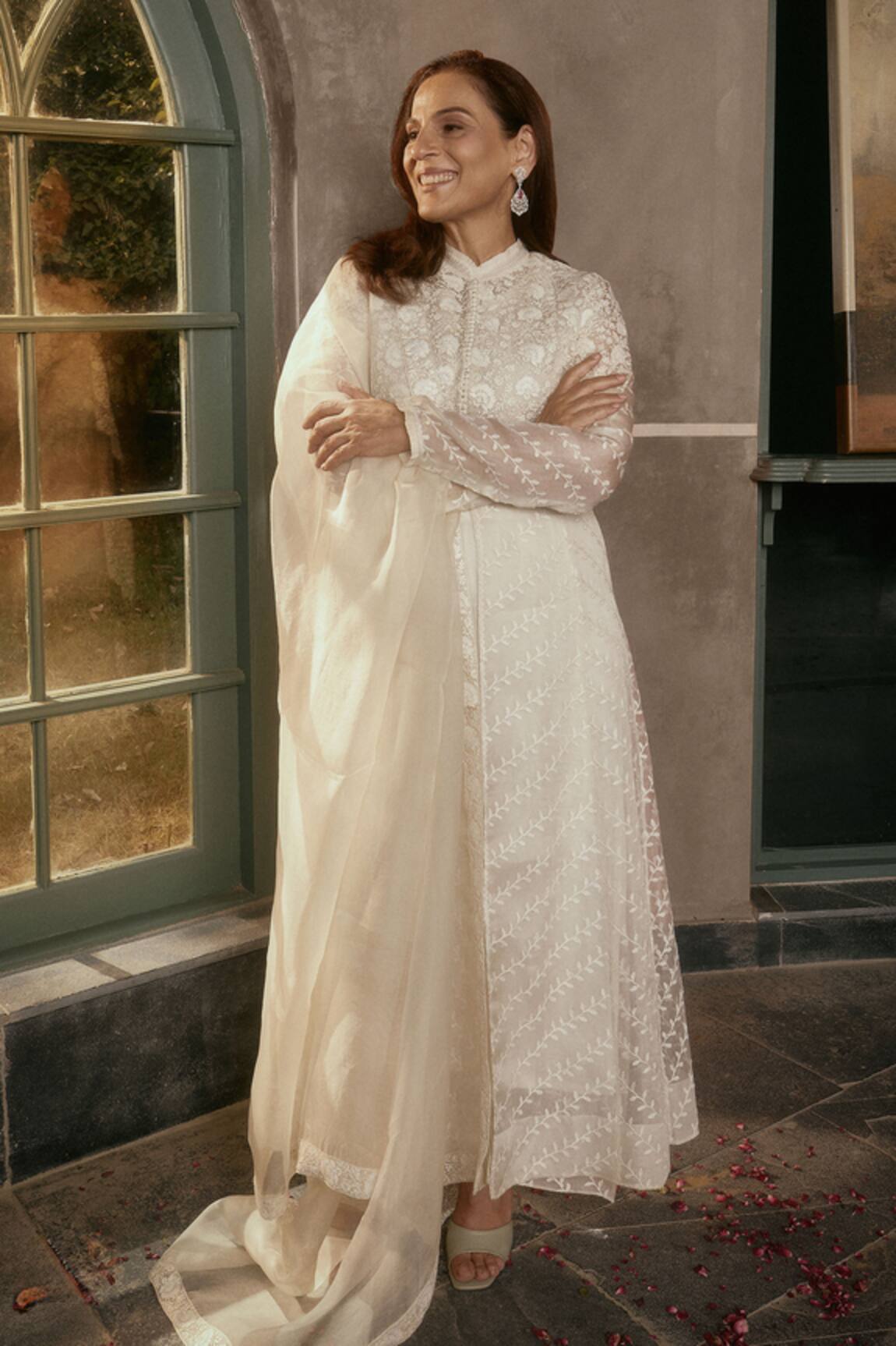 House Of Kotwara Ivory Chikankari Peshwaz Coat Set